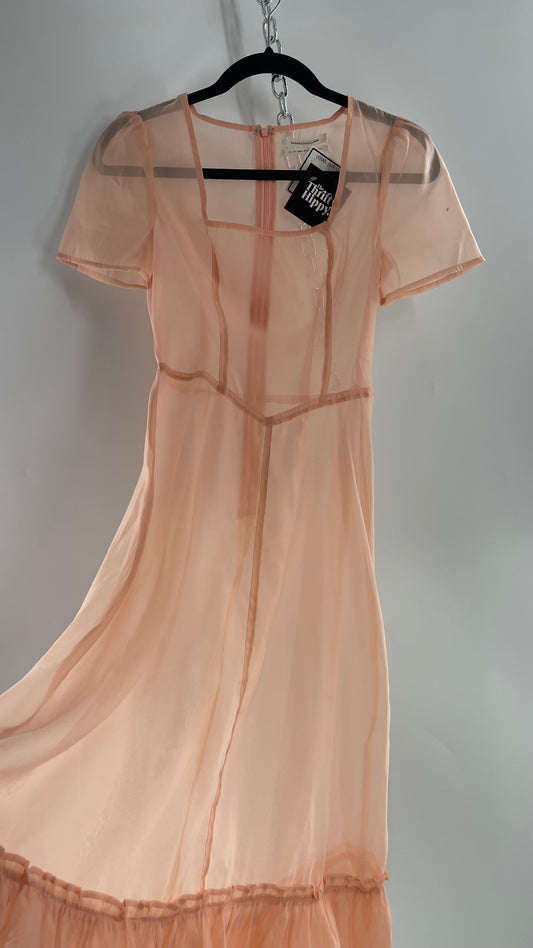 Urban Outfitters Pink/Peach Voile Vintage Inspired MIDI Dress with Ruffled Hem (XS)