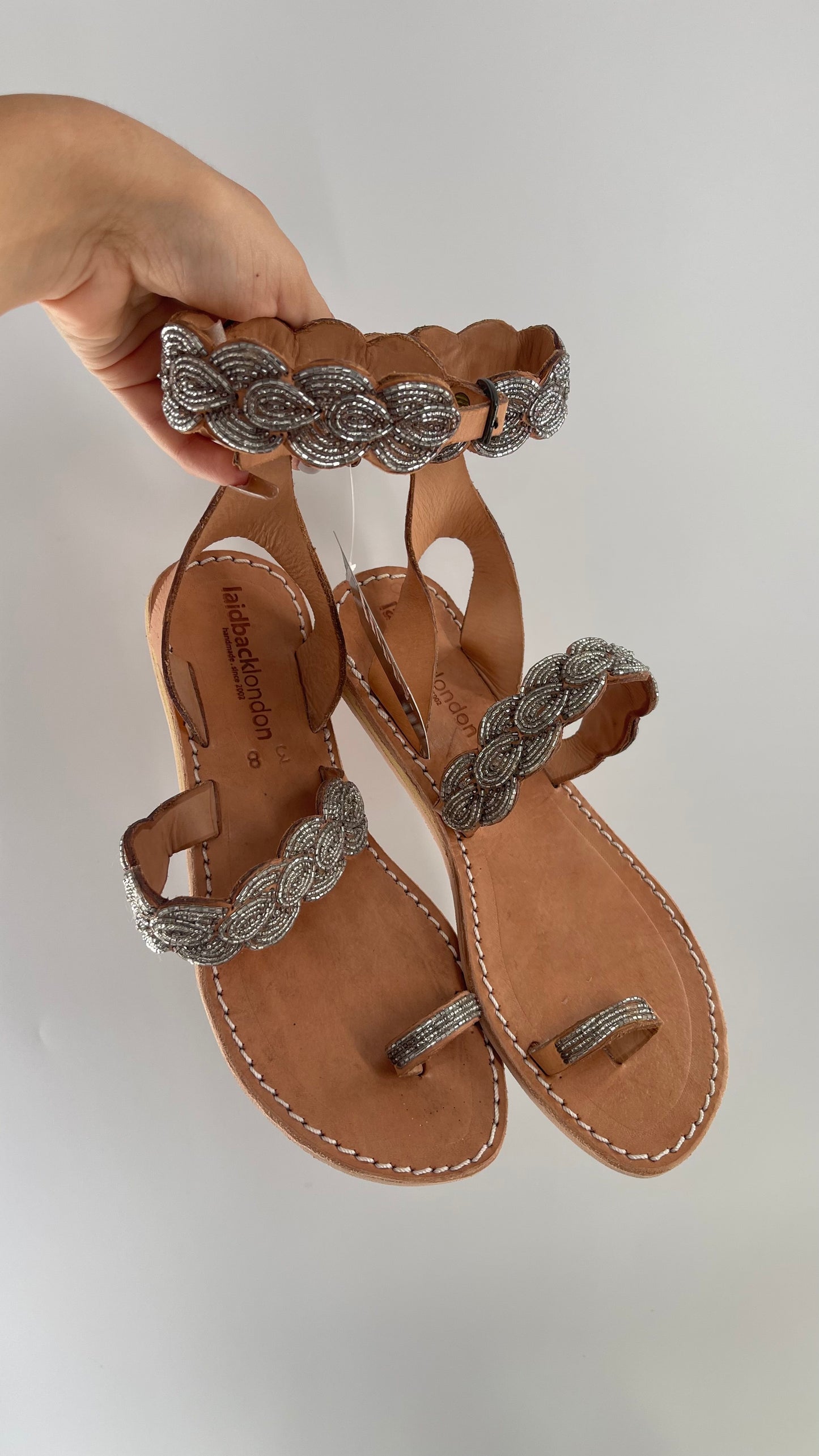 Free People Laidback London Handmade Sandals with Tan Leather Straps Covered in Silver Beaded Details (38)