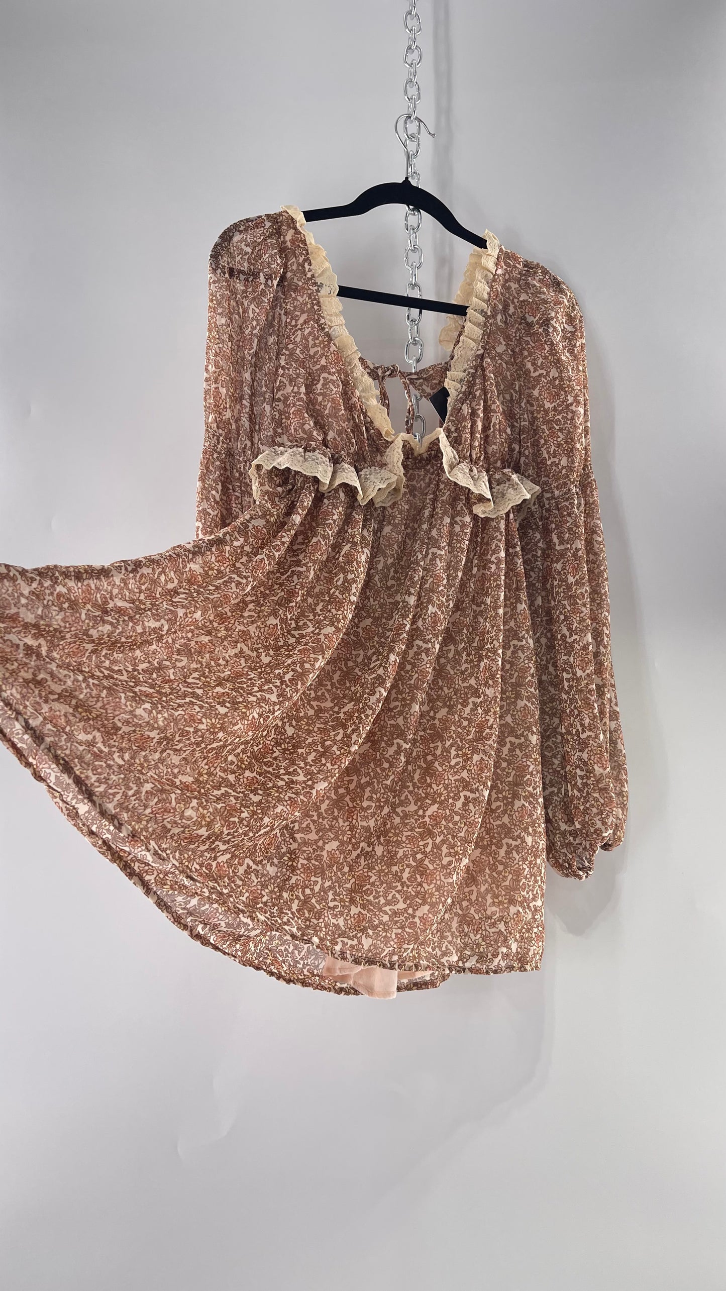 Free People Brown Floral Mini Dress with Beige Lace Lining and Puffy Balloon Sleeves (XS)