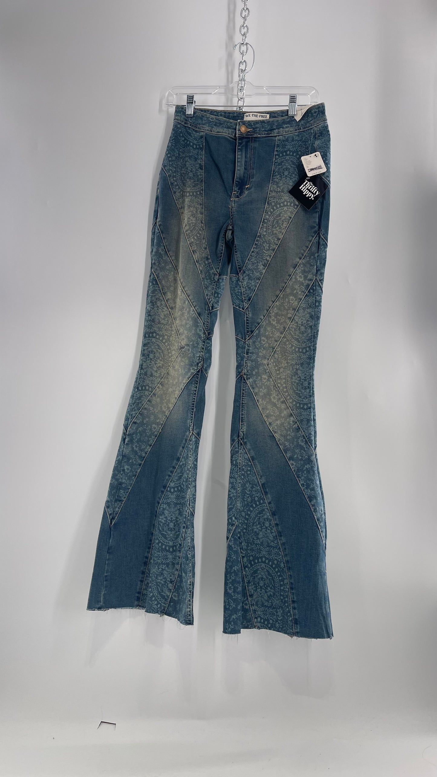 Free People Bell Bottom Kick Flare Paneled Patterned Jeans with Tags Attached (27)