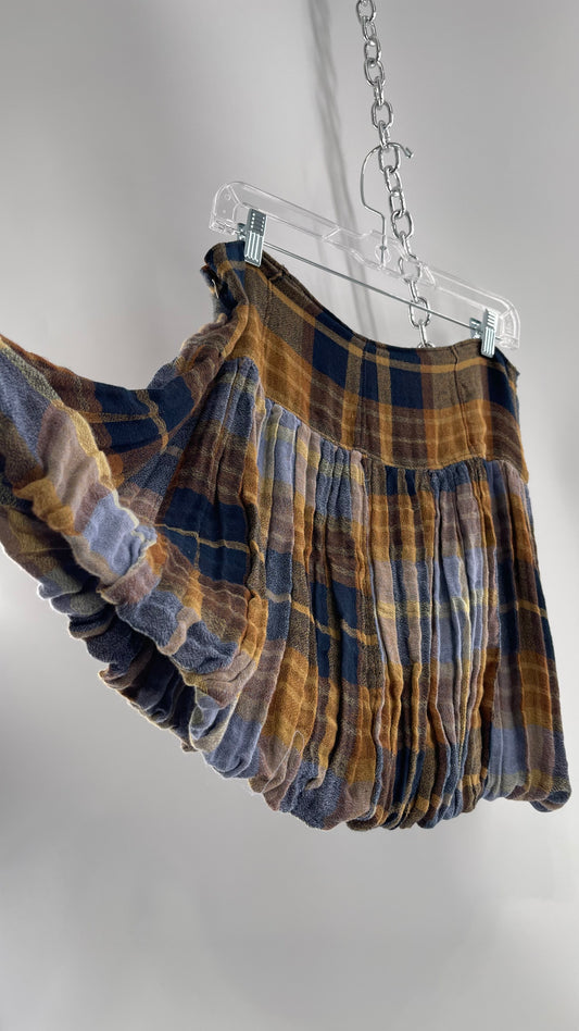 Free People Plaid Blue Brown Mini Skirt with Balloon Hem with Tags Attached (12)