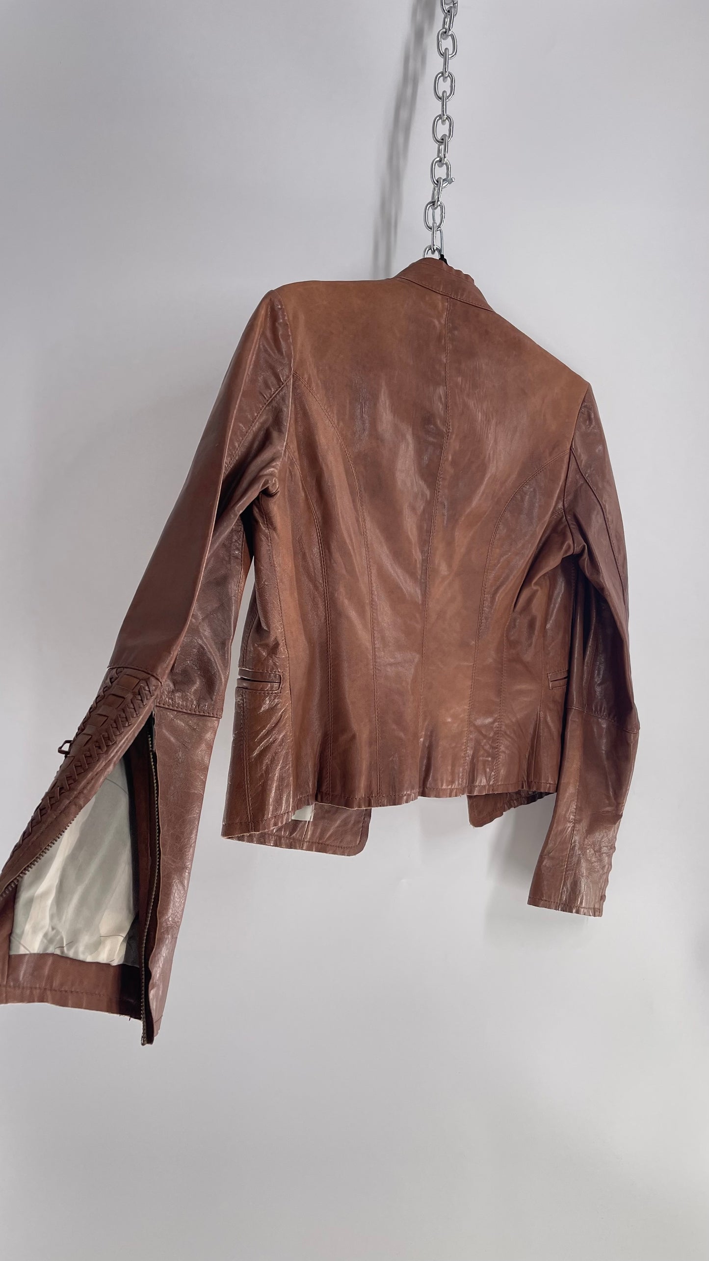 Vintage 1990s June Brown Leather Jacket with Braided Details and Zippered Cuffs (Medium)