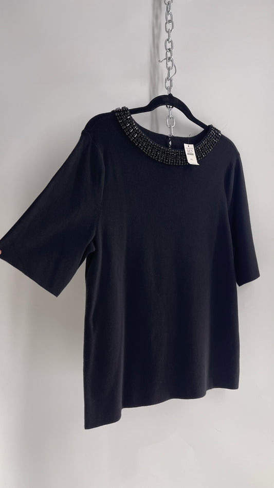 TALBOTS Black Cotton/Modal Sweater with Rhinestone Neckline and Tags Attached (XL)