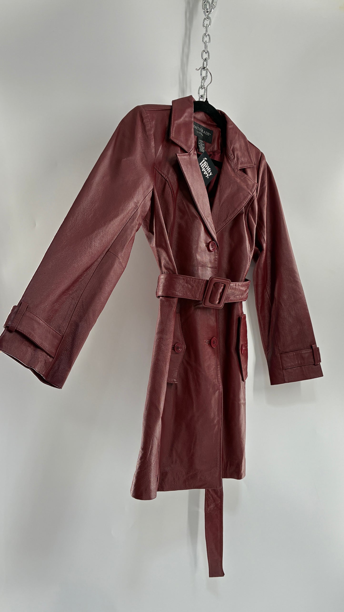 Vintage 1990s CENTIGRADE Red Crimson Genuine Leather Trench Coat (Small)