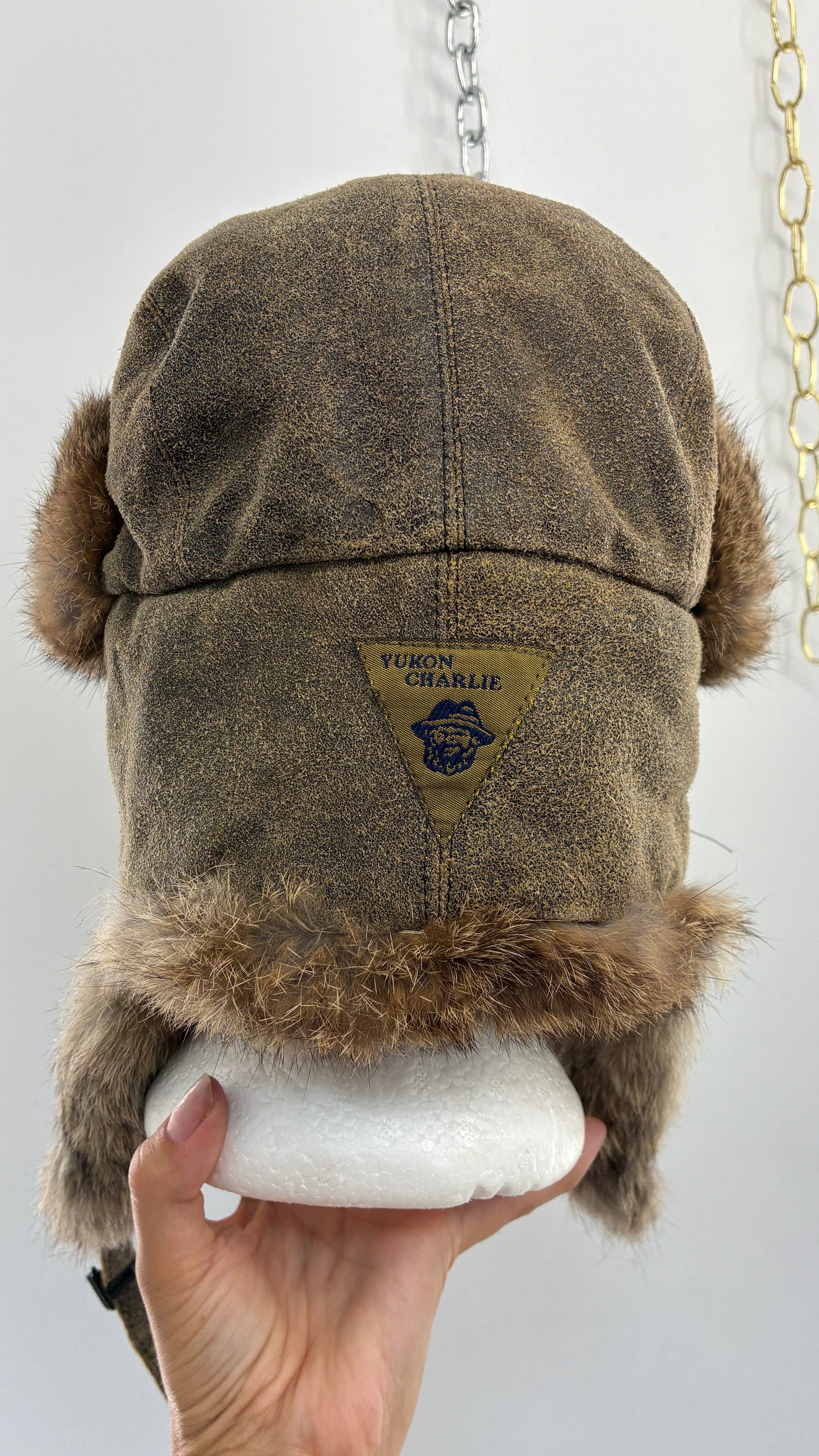 Vintage YUKON CHARLIE Genuine Leather Aviator Trapper Hat with Rabbit Fur Lining