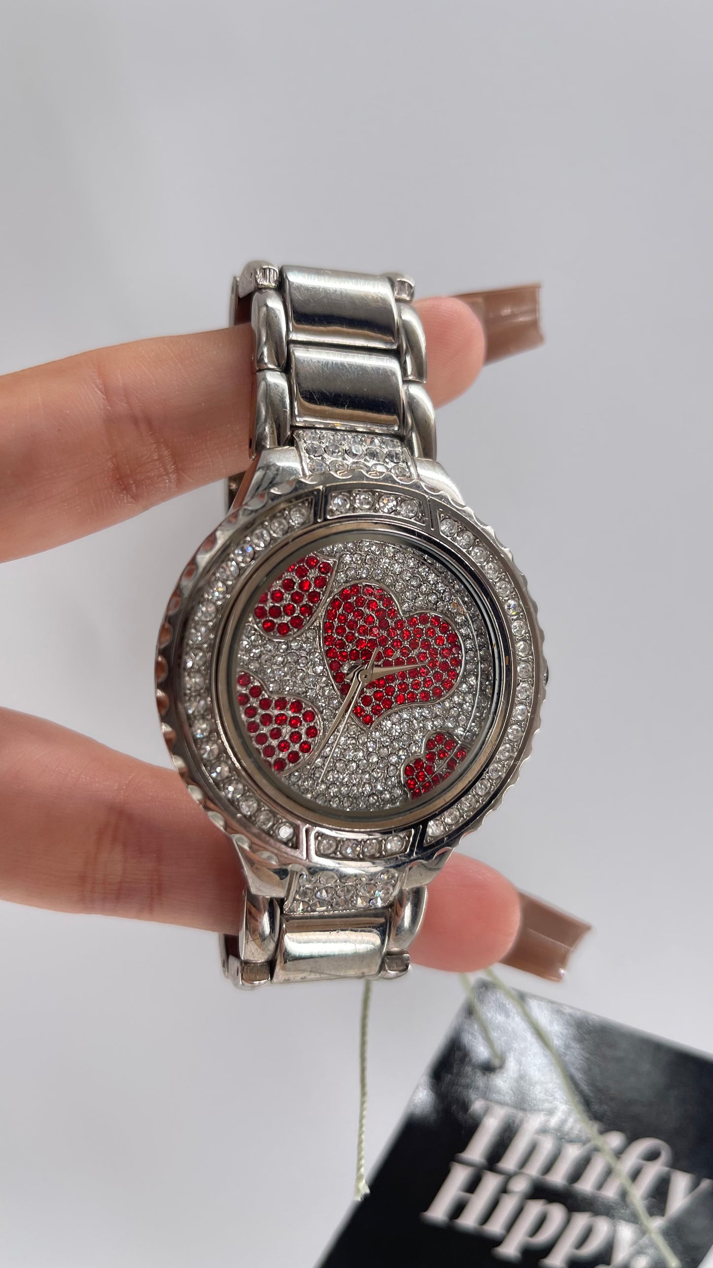 Vintage 2000s Silver BEBÊ Bejewled Rhinestone Heart Watch