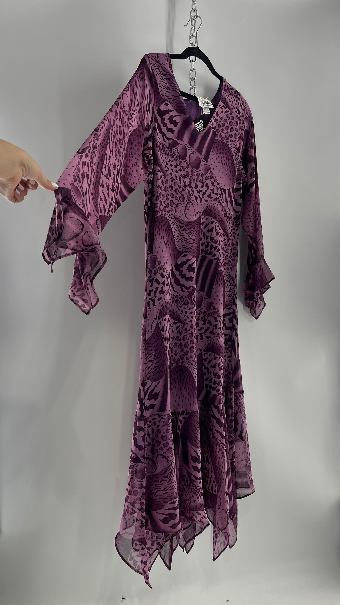 Vintage Signature JMB Suga Plum Fairy, Purple Maxi with Animal Print, Handkerchief Hem and Sleeves (XL)