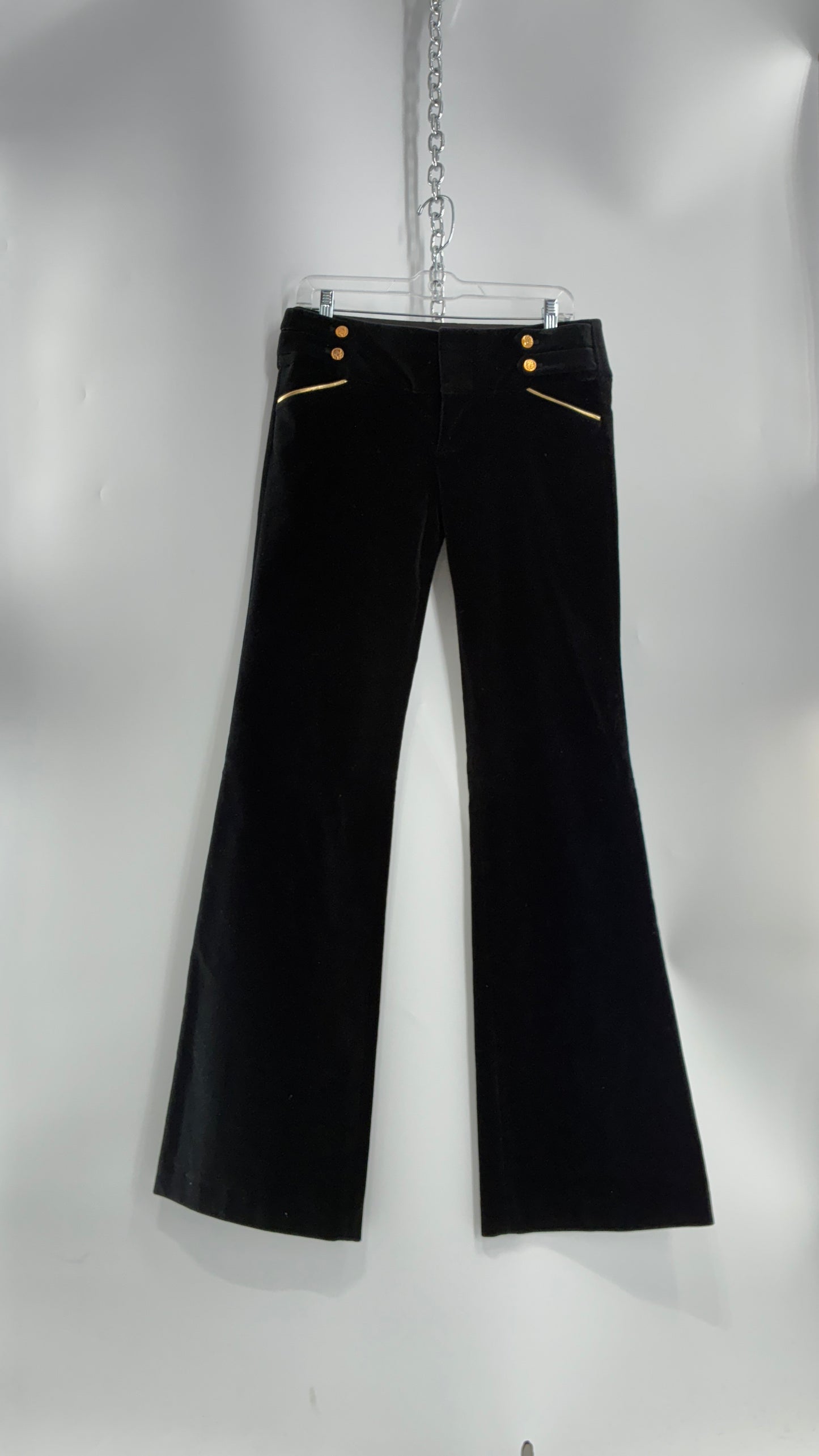 Vintage Alice + Olivia Thick Black Velour Low Rise Kickflare Pants with Thick Waistband with Gold Coin Detailing (6)