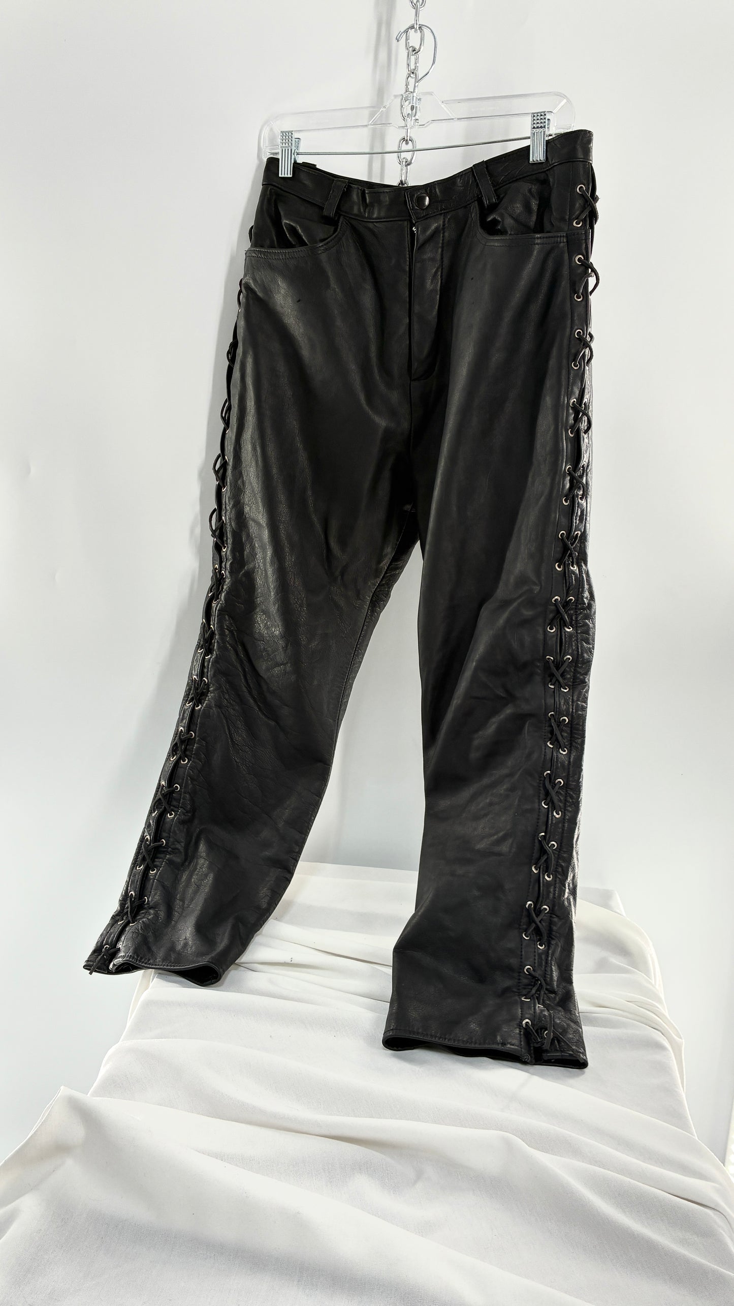 Vintage Thick Ultra Soft Black Leather Pants with Tie Up Sides (Medium)