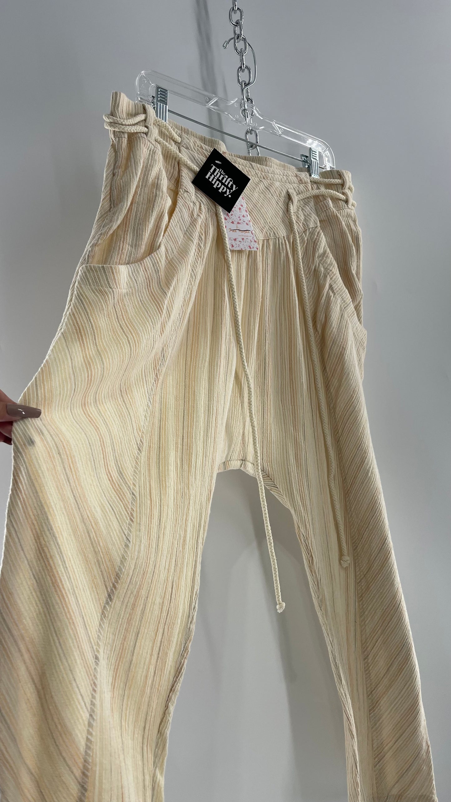 Free People Cream Striped Haram/Drop Crotch/Yoga Rope Belt Pants (XL) with Tags Attached