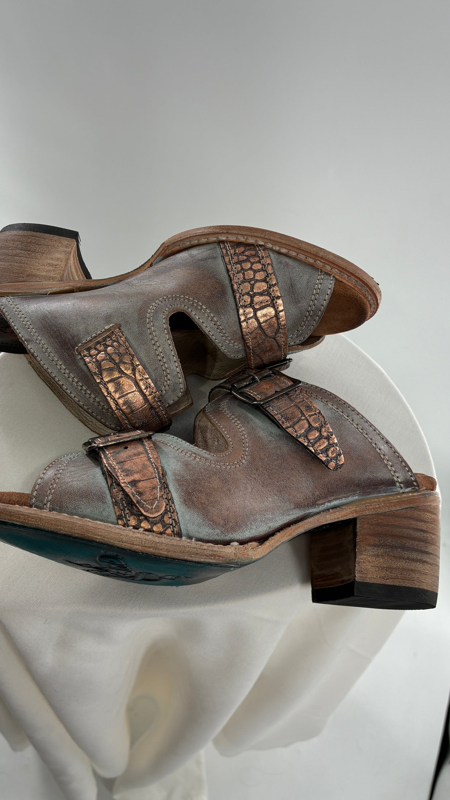 Free Bird Caprice Leather Sandal with Bronze Embossed Straps and Stamped Sole Made in Mexico (7)