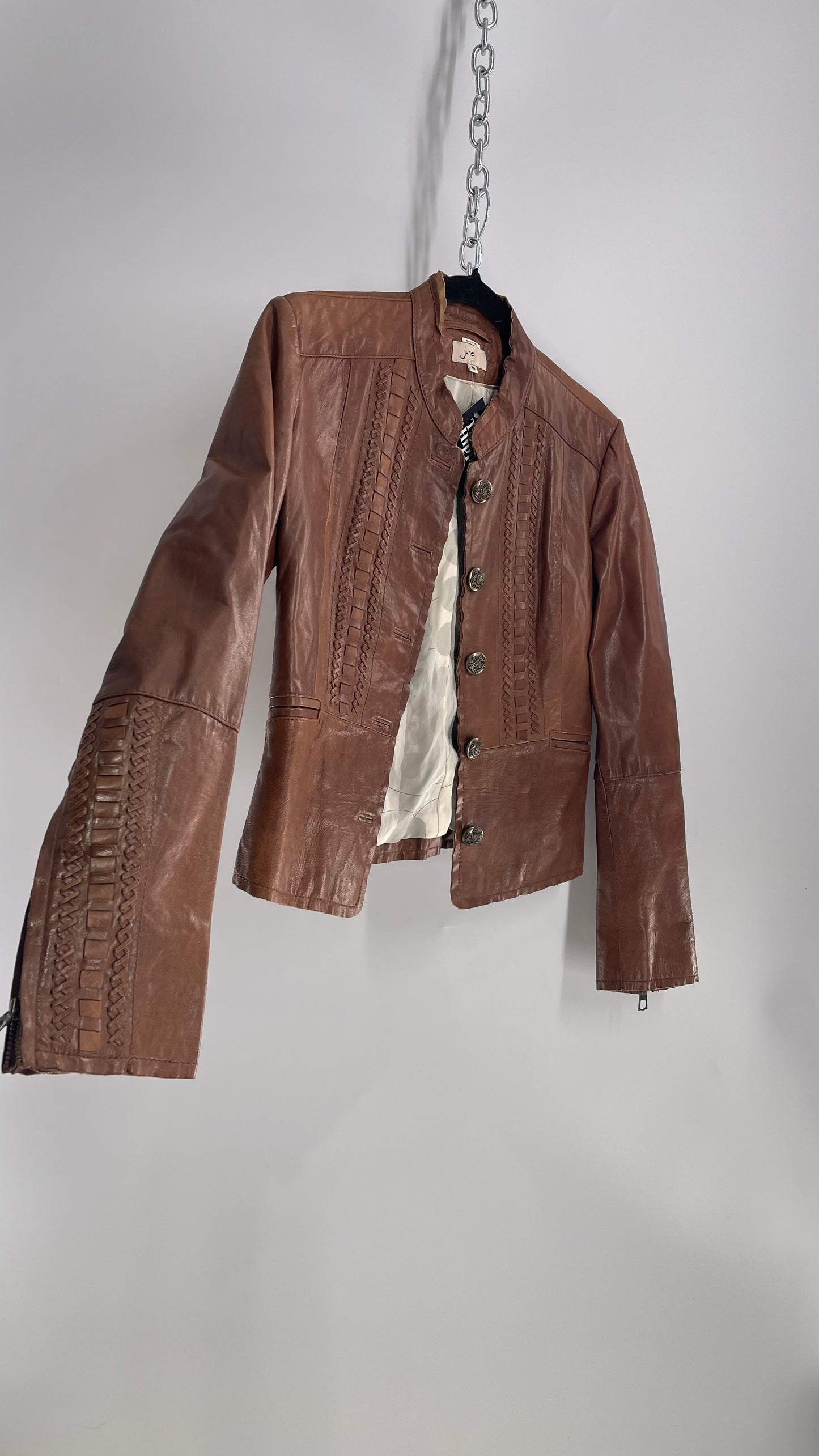 Vintage 1990s June Brown Leather Jacket with Braided Details and Zippered Cuffs (Medium)