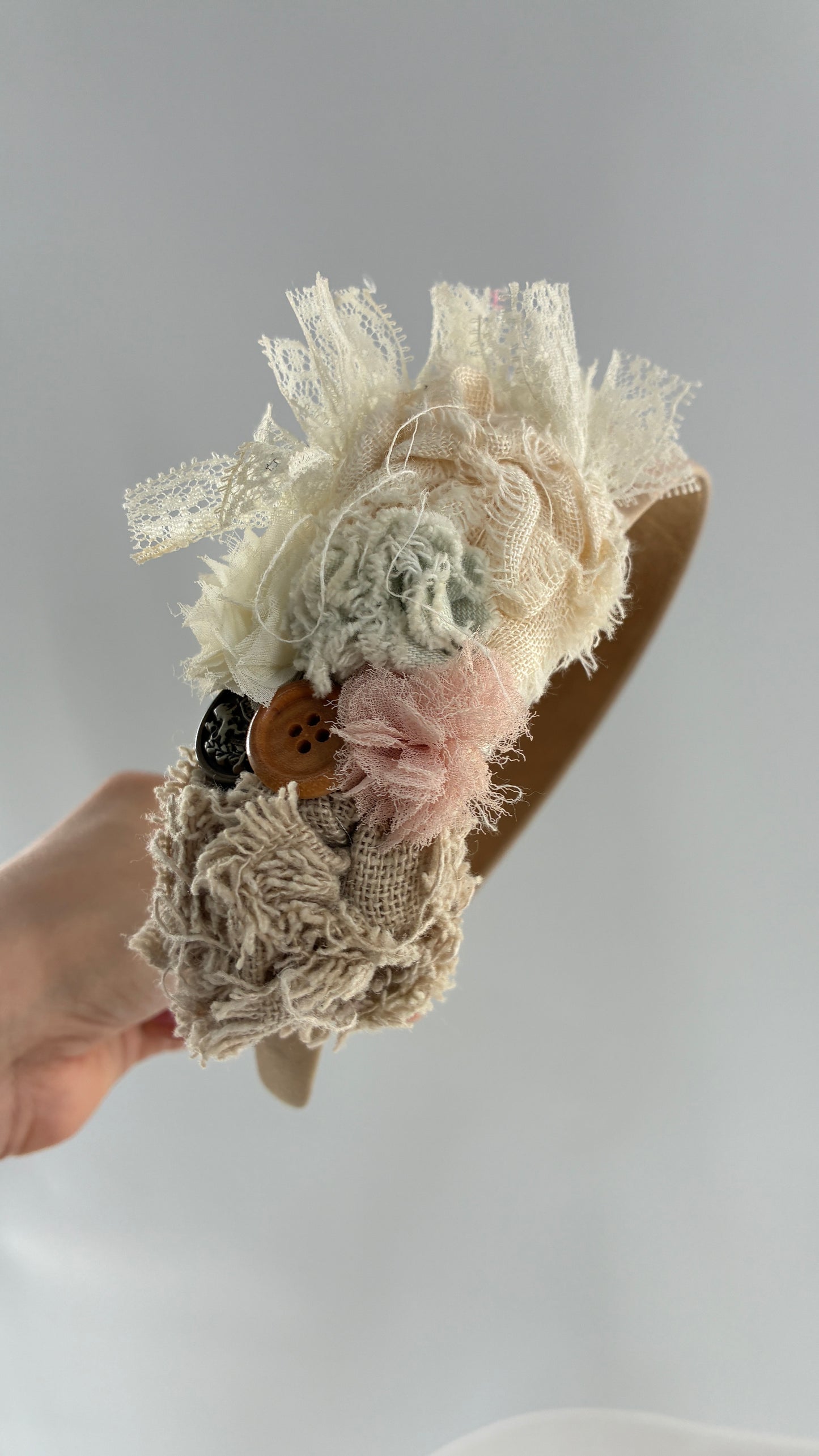 Vintage FARMER Handmade Headband with Ribbon, Flower, Button Appliqués