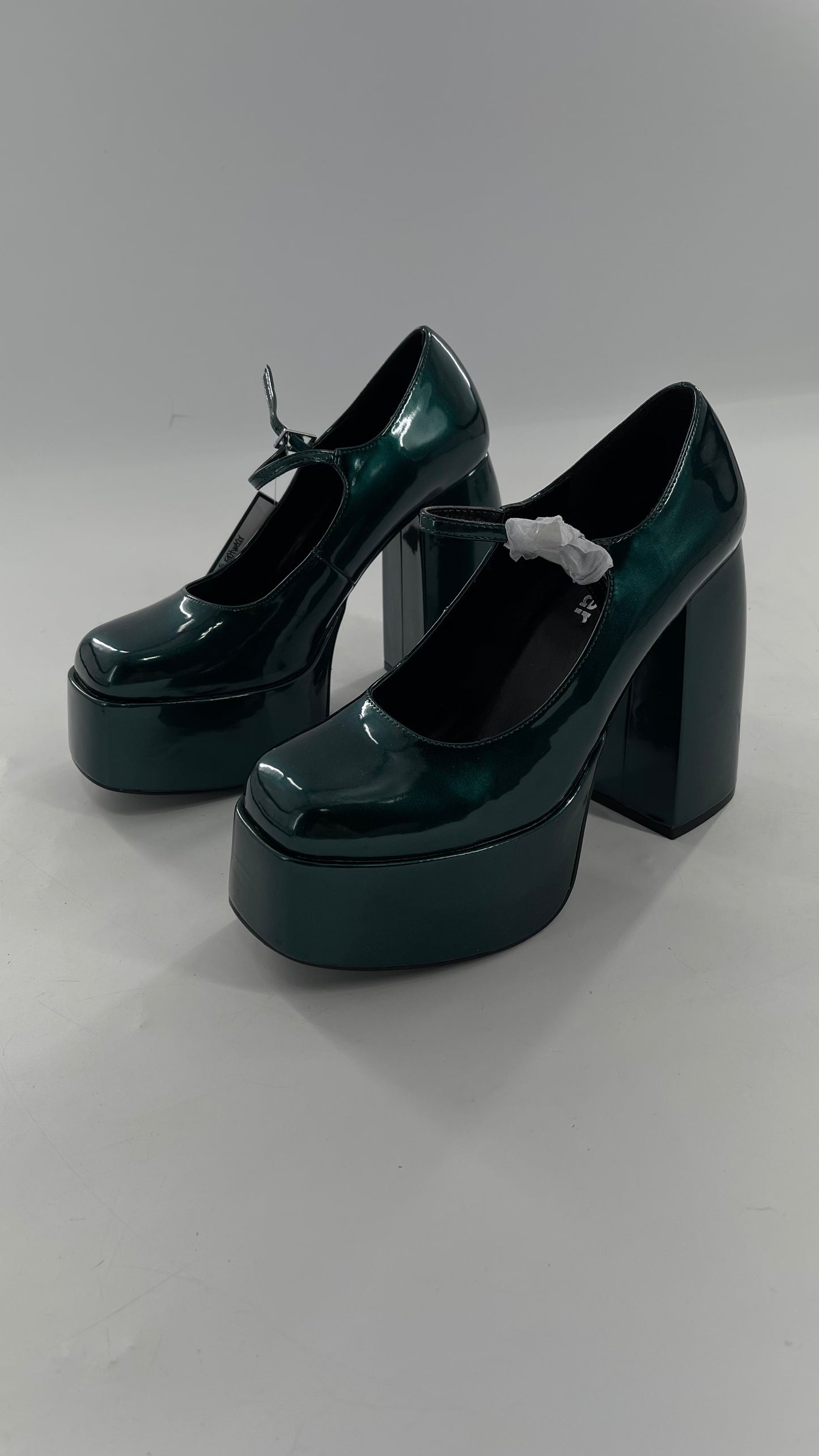 KOI FOOTWEAR Patent Emerald Green Platform Chunky Heel Mary Janes (9/39)