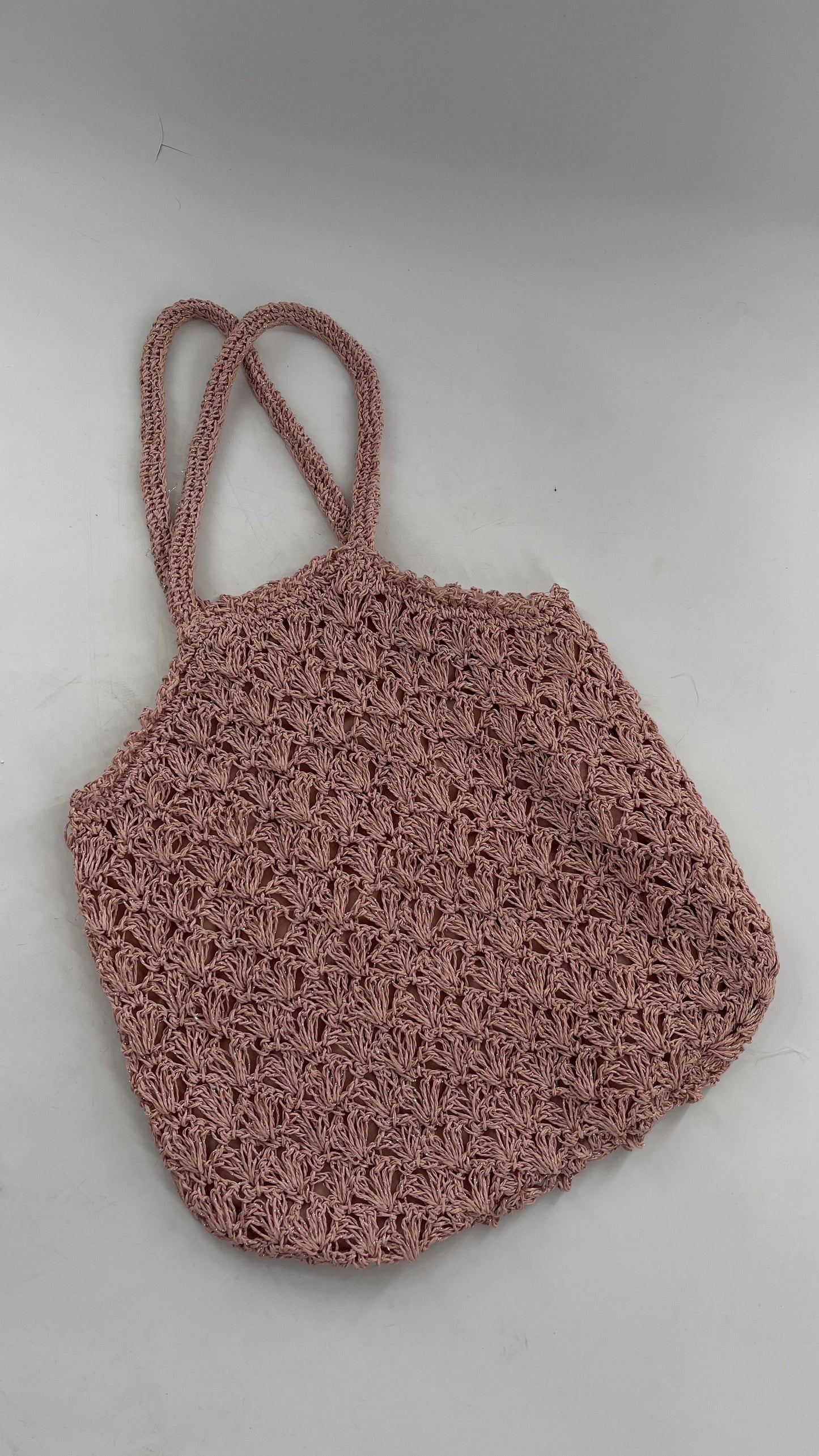 Urban Outfitters Baby Pink Straw Tote Bag with Silver Tinsel