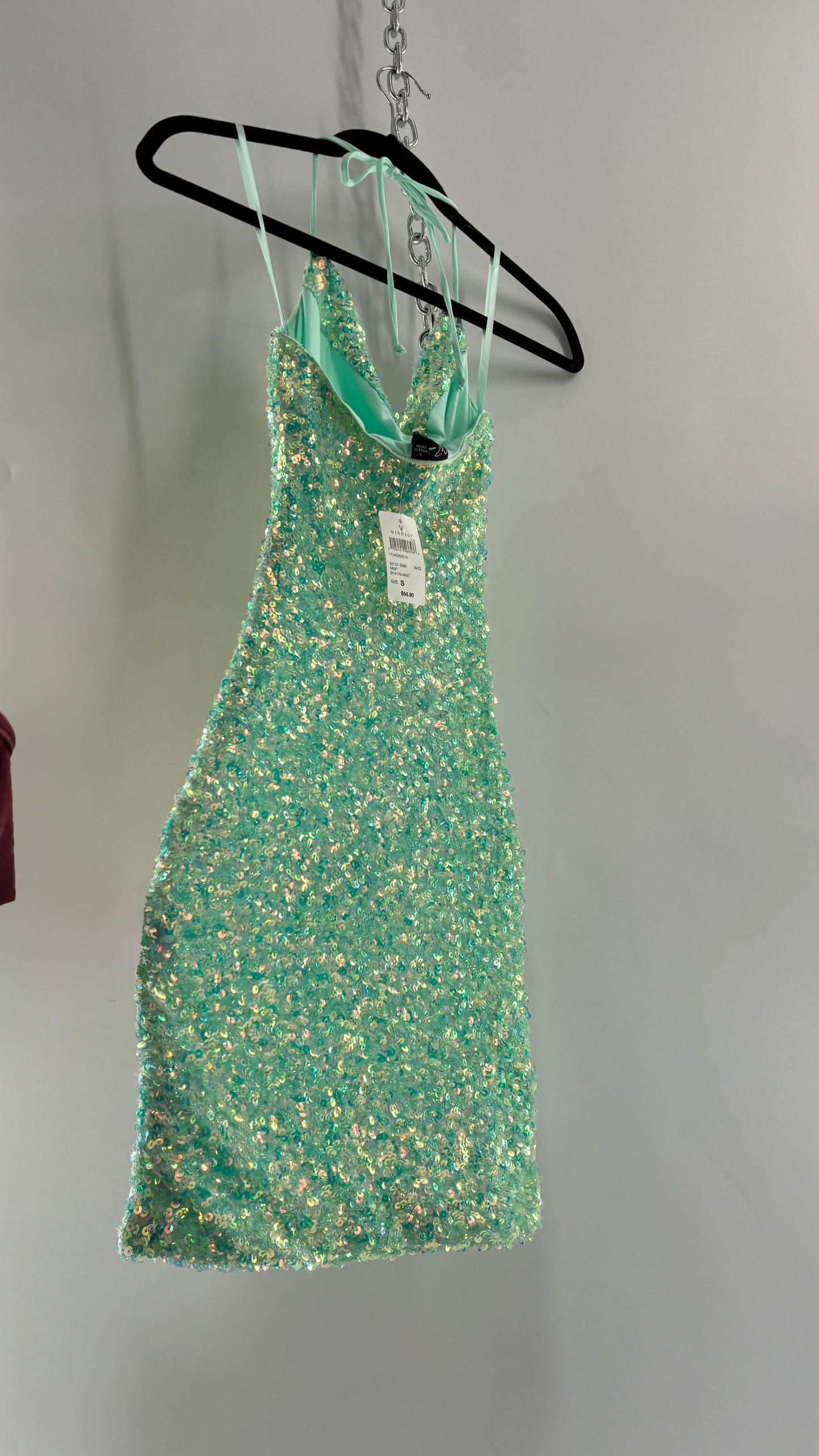 WINDSOR Aqua Blue Sequin Mini Dress with Draping Bustline and Tags (Small)