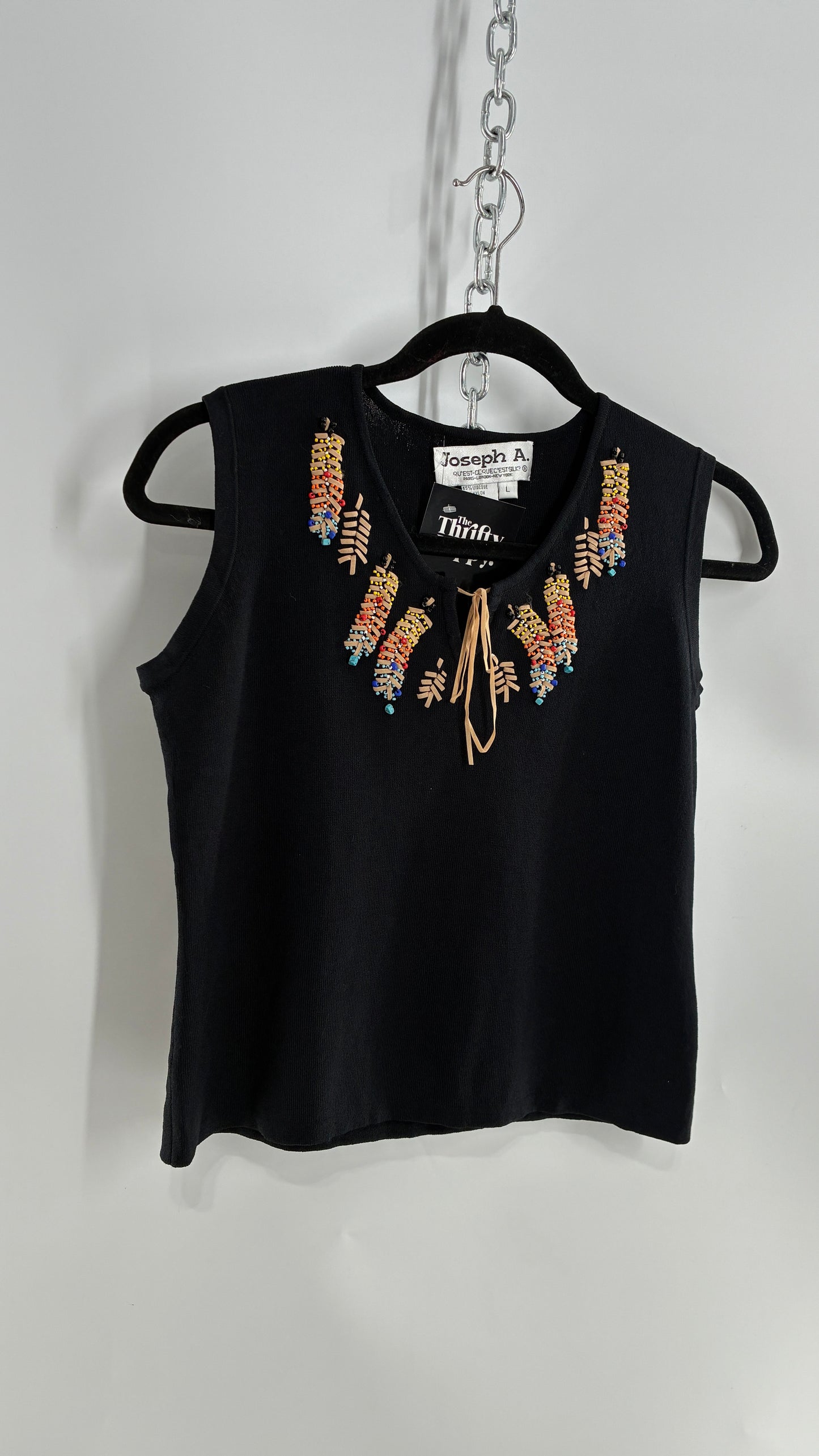 Vintage 1990s JOSEPH A Beaded Feather Black Sleeveless Top (Large)