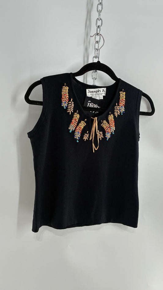 Vintage 1990s JOSEPH A Beaded Feather Black Sleeveless Top (Large)