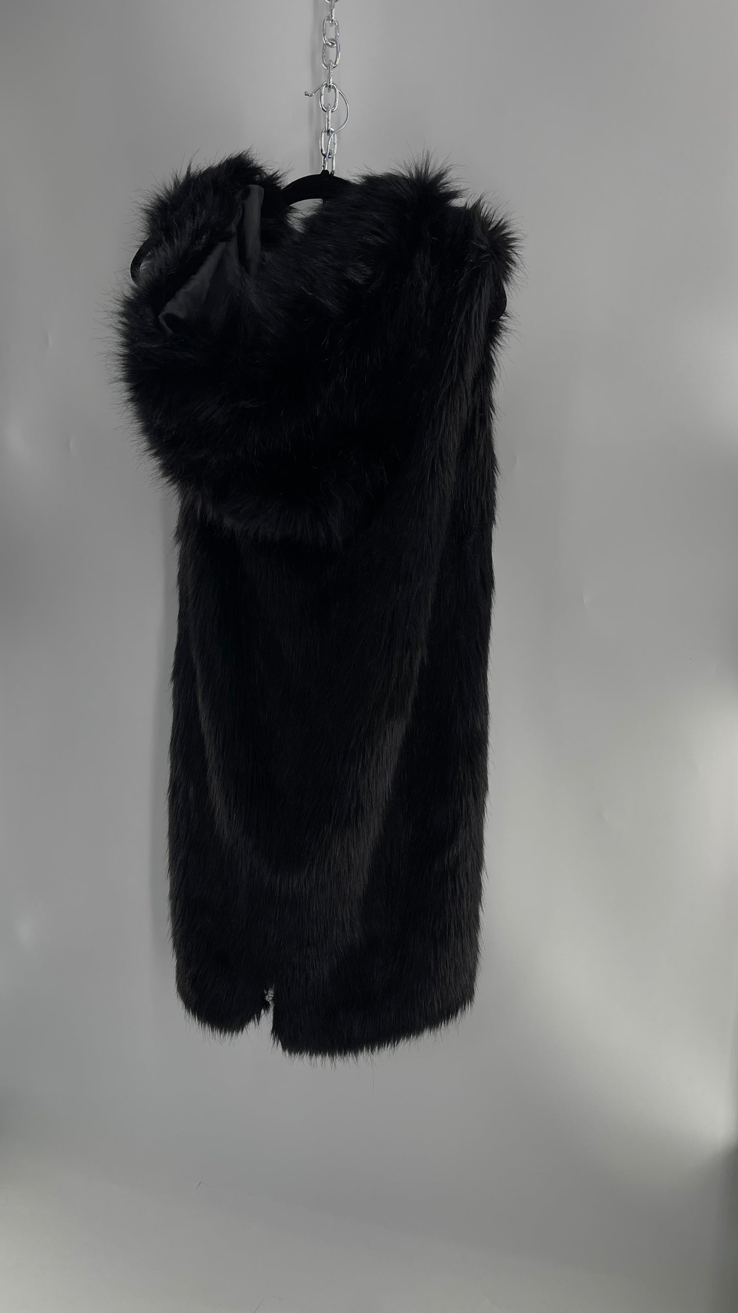 Full Length Black Fuzzy Sleeveless Vest with Oversized Hood (Medium)