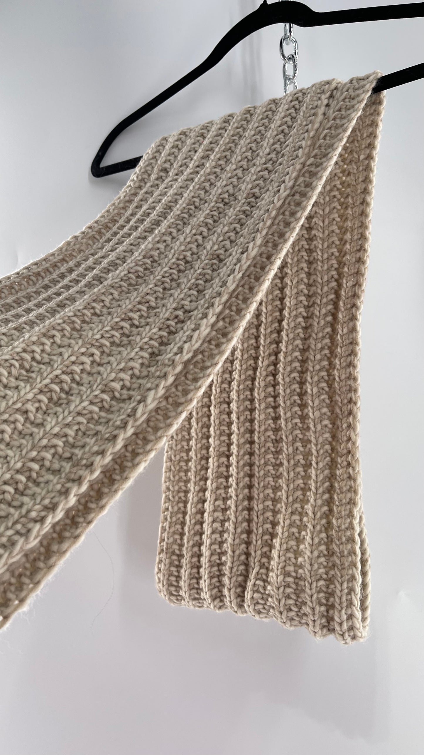 Beige Knit Skinny Scarf Ultra Long with Tassels