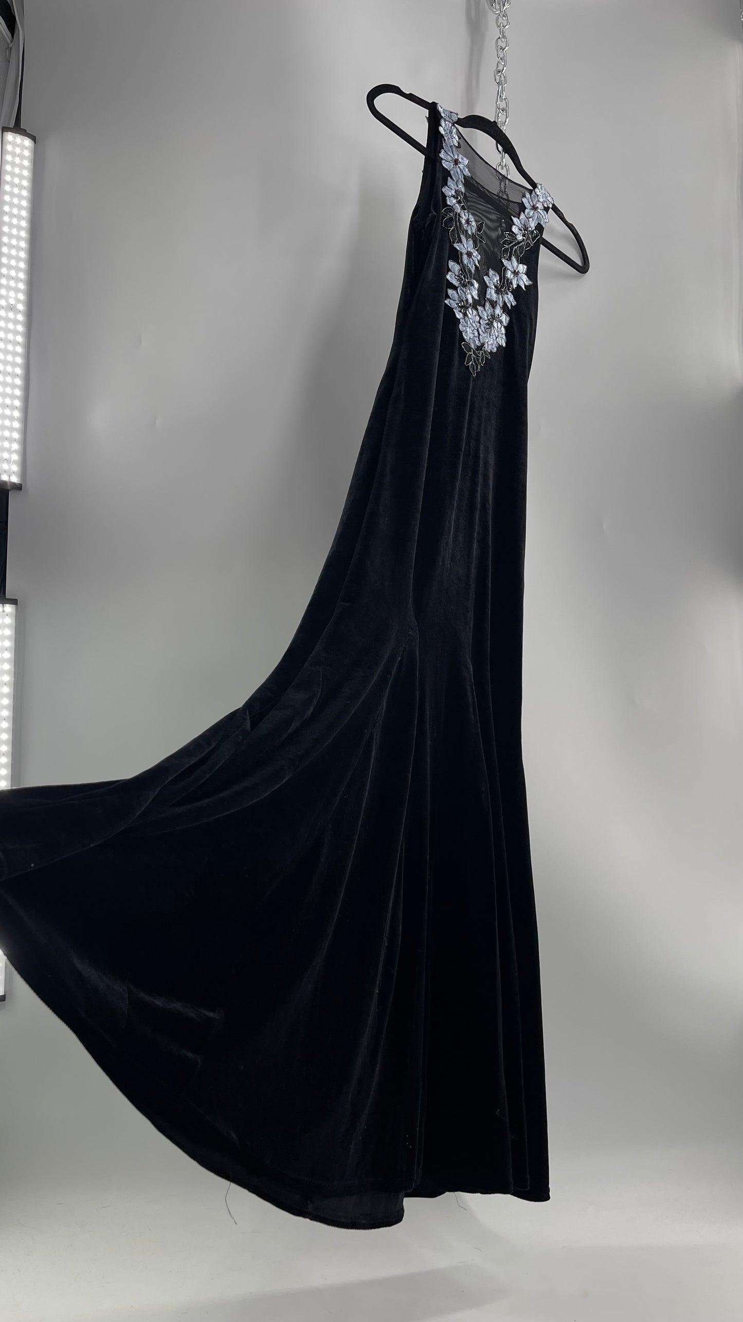 Vintage Jessica McClintock Black Velvet Fit And Flare Gown with Plunging Neckline Covered in Embroidered Beaded Pale Blue Flowers (2)