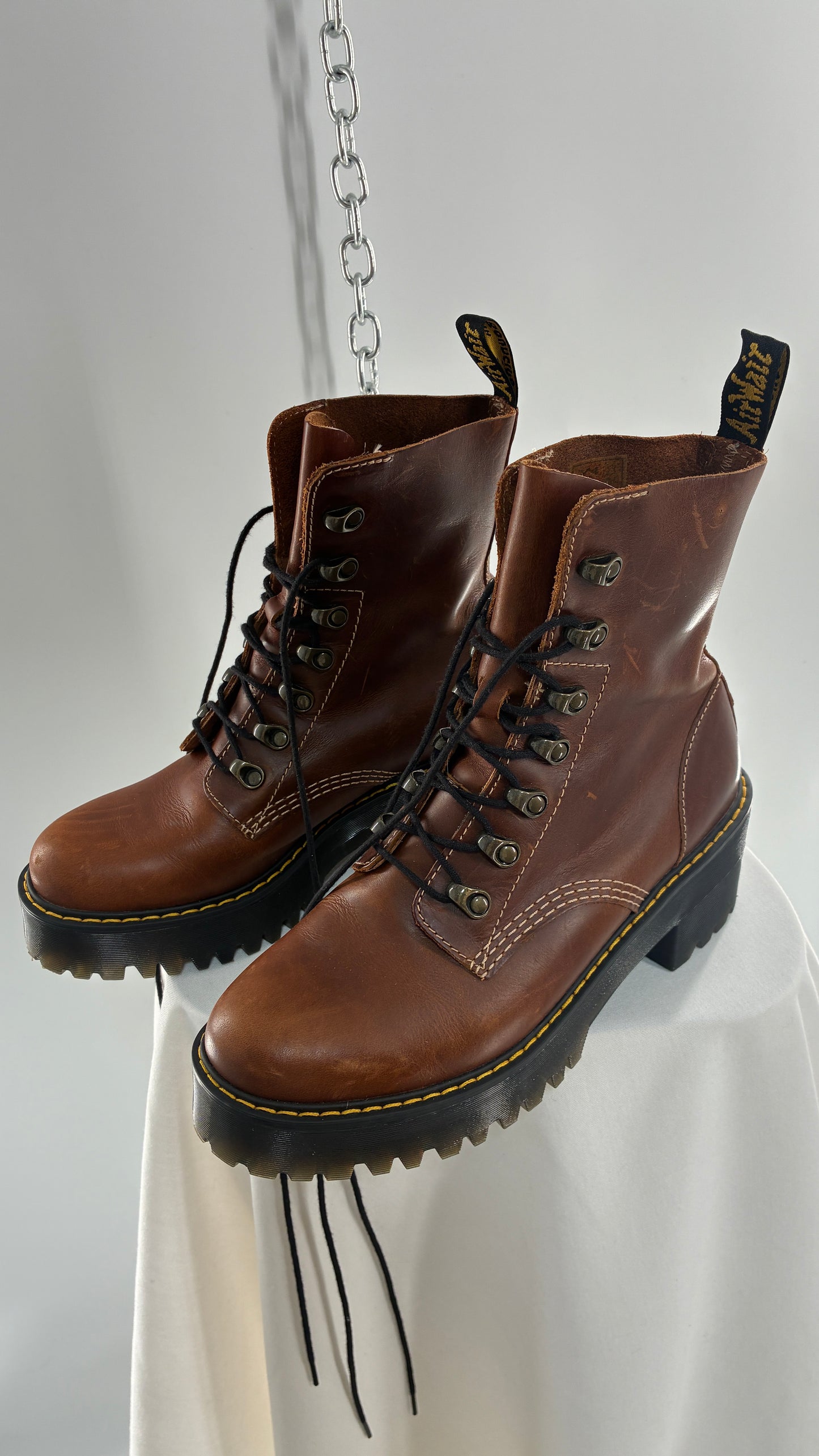 DR. MARTENS Leona Saddle Leather Platform Boots (9L)