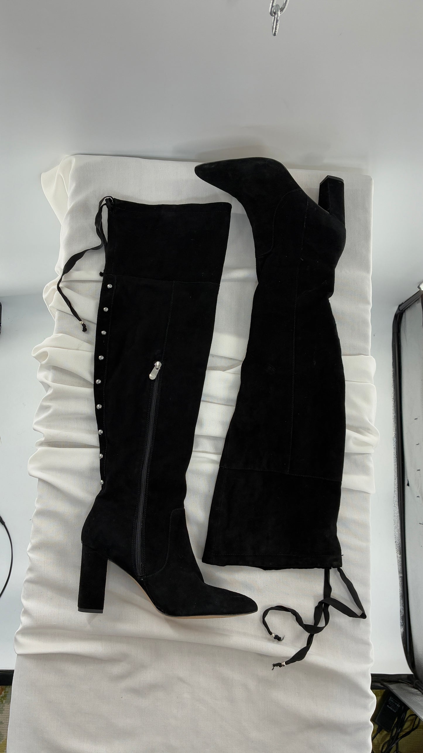 Vintage Black Genuine Suede ADRIENNE VITADINI Thigh High Pointed Toe Boots with Stud Detailing (10)