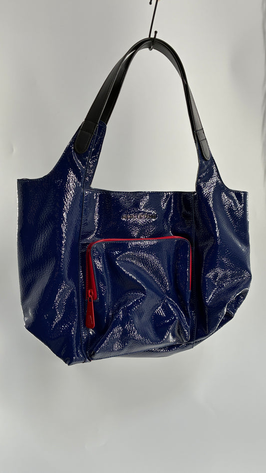 Vintage ARMANI EXCHANGE Navy Blue Patent Tote Bag with Contrasting Red Zipper