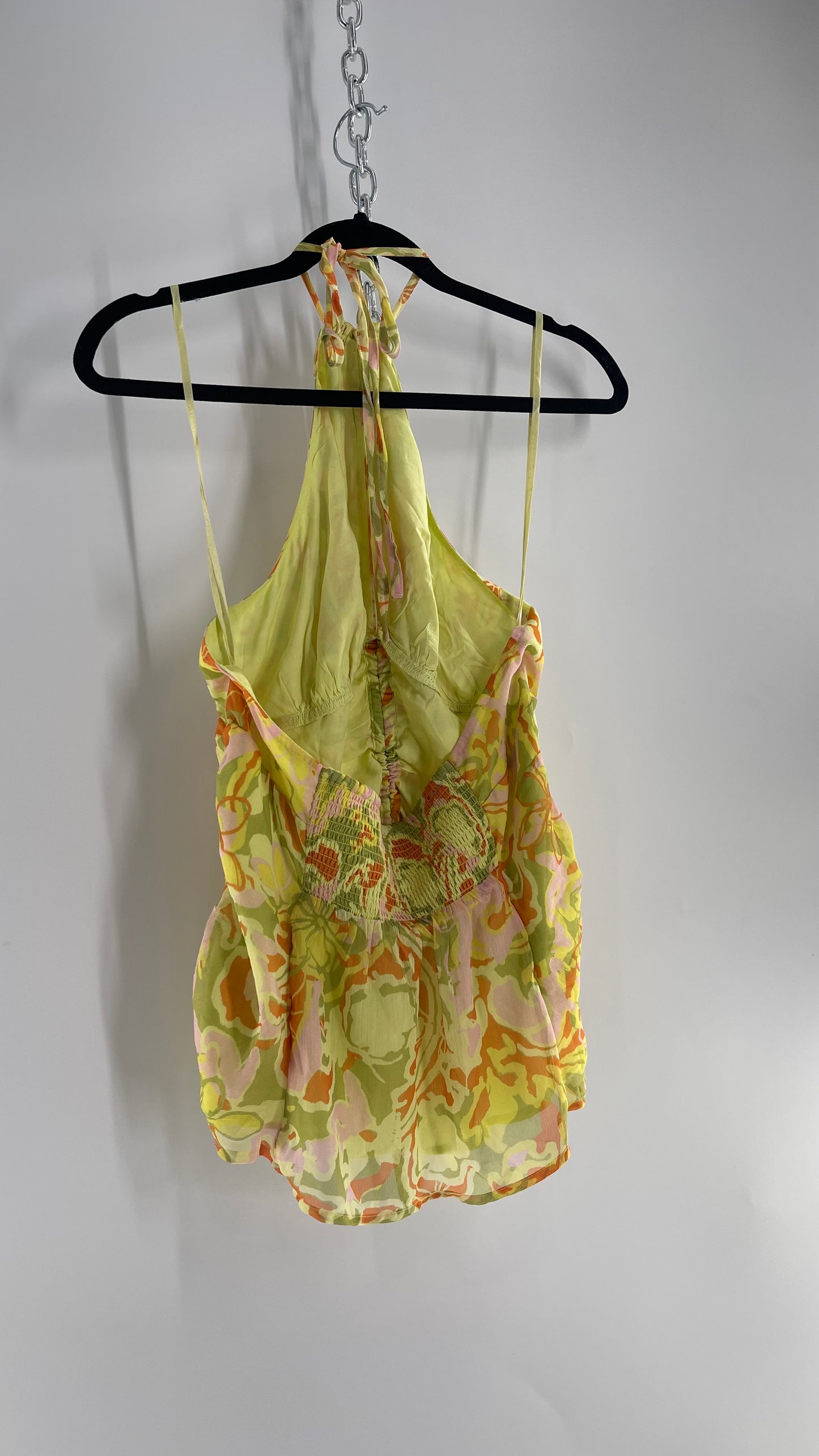 Free People Lime Green and Yellow Ruched Blouse with Cut Out Bust, Adjustable Scrunched Torso and Tie Neck Tank (Large)