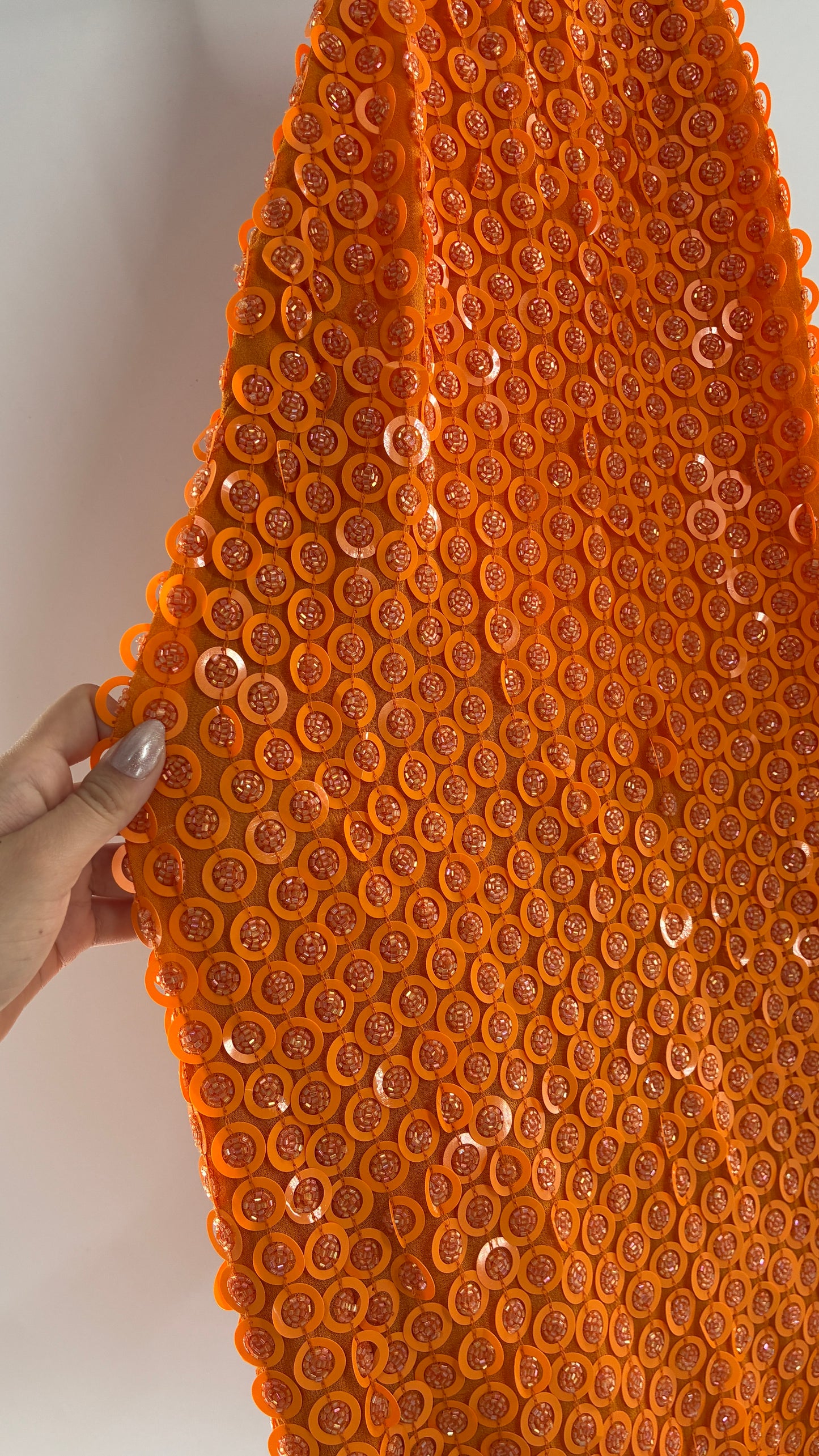 X by NBD Orange Backless Halter Mini Dress with Scalloped Hem, Covered in Beads and Sequins (Medium)