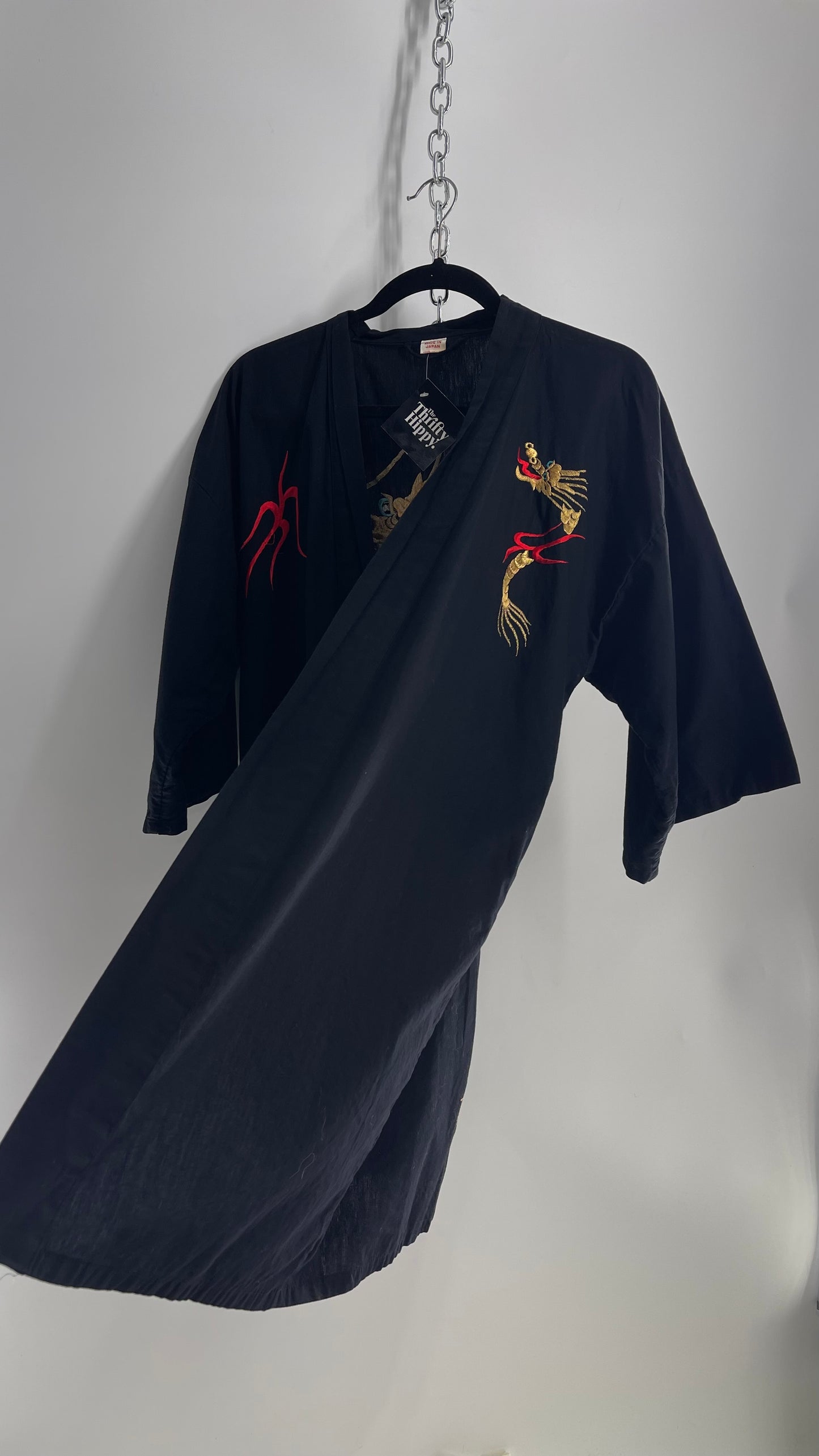 Vintage Japanese Cotton Cape/Kimono/Cardigan Robe with Hand Embroidered Gold Dragon (Small)