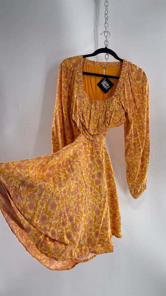 Free People Yellow Cut Out Golden Florals Dress with Ruched Bust and Balloon Sleeves (Small)