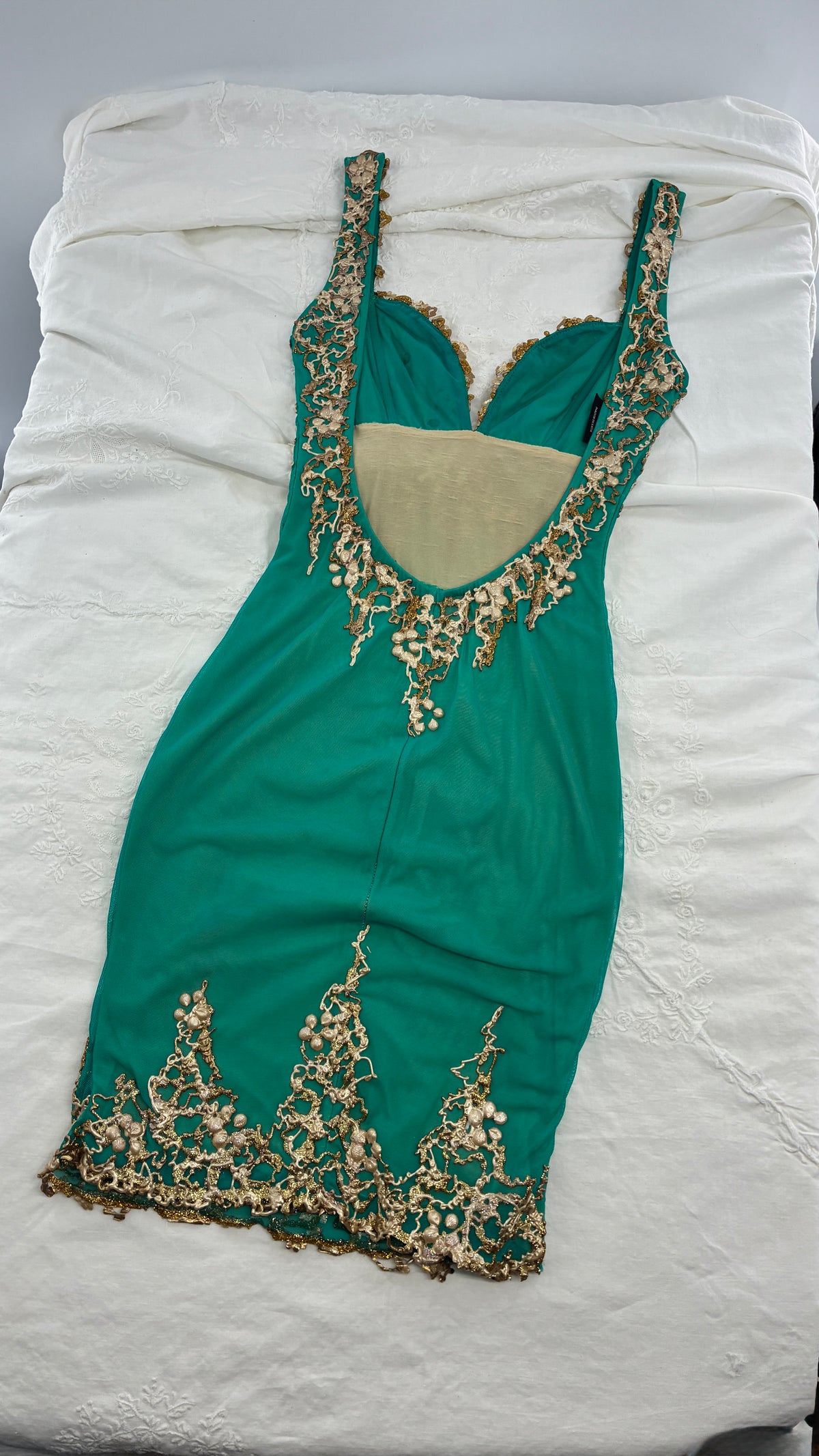 Vintage HOLT Hand Painted Turquoise Mini Dress with Low Open Back (XXS/XS)