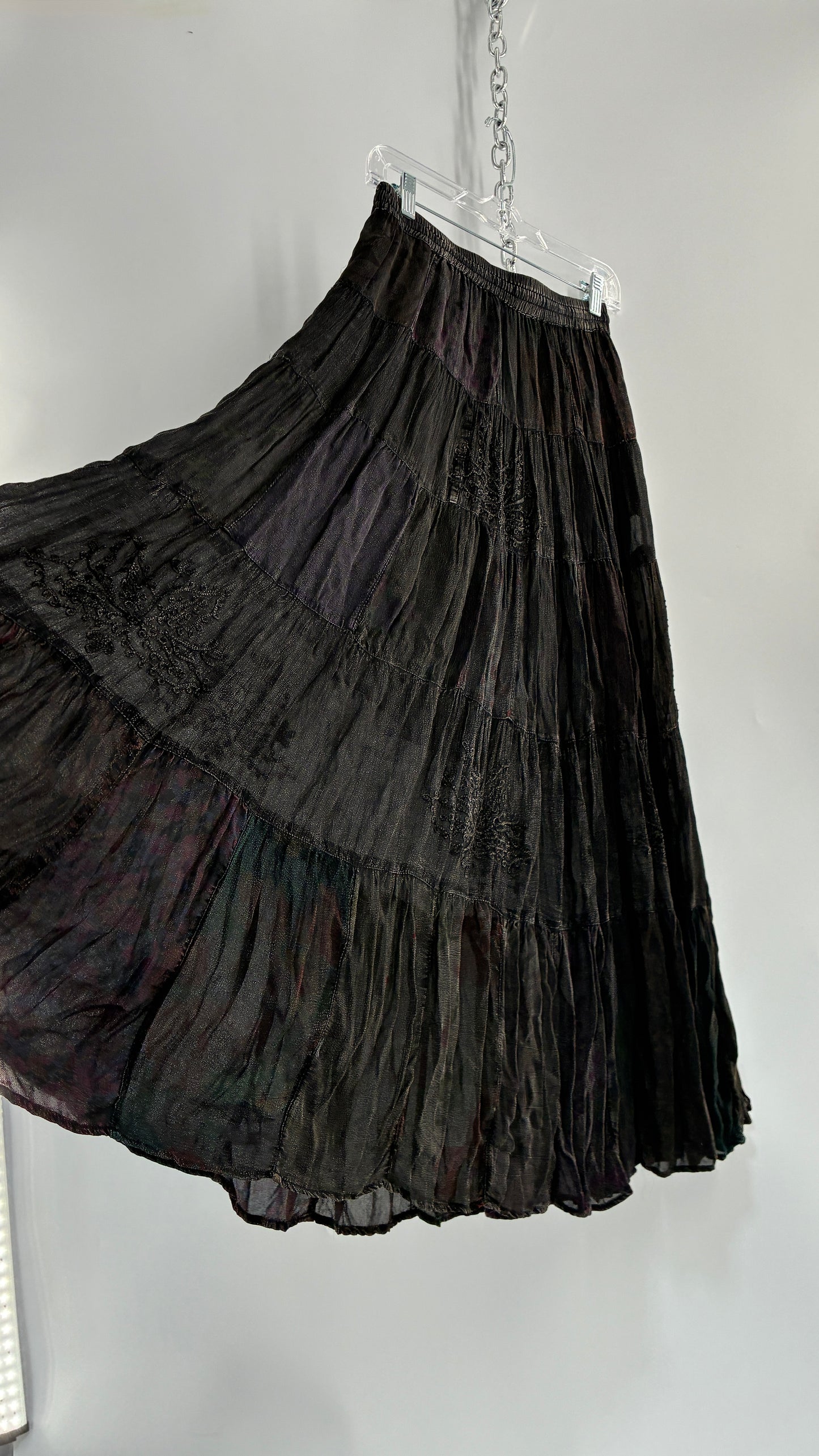 Deadstock Vintage Young Threads Charcoal Patchwork Maxi Skirt with Embroidered Details (Small)