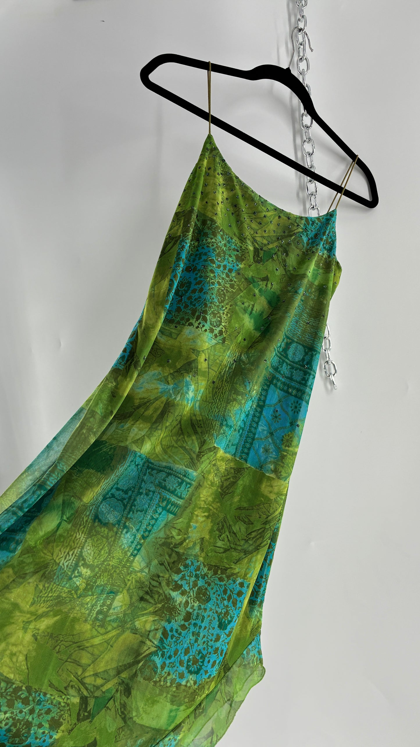 Vintage BYER TOO! CALIFORNIA Green and Blue Patchwork Patterned Midi Dress with Glitter Details and Slanted Cut (Medium)
