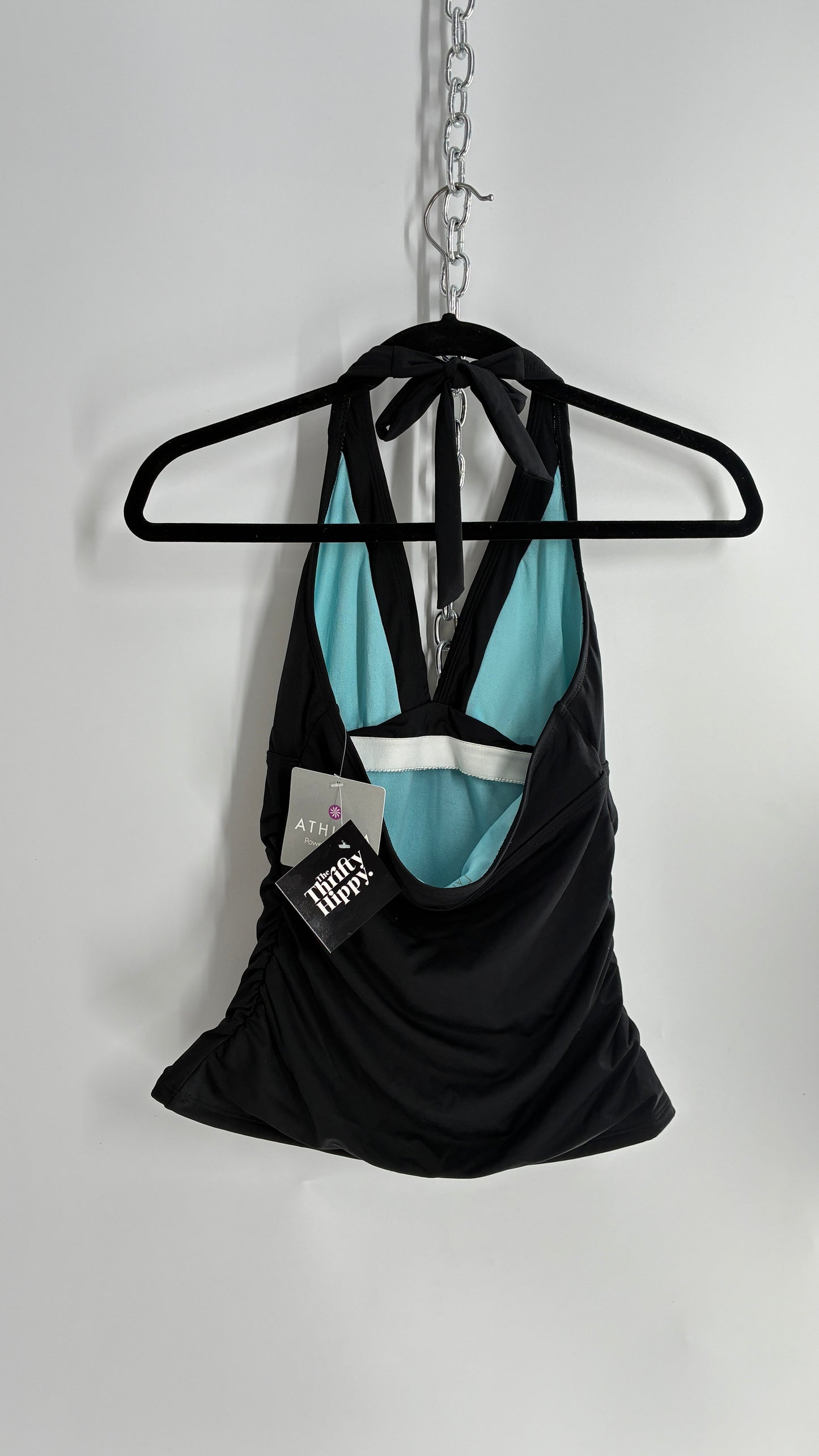ATHLETA Black Ruched Halter Tank with Built in Lined Bra and Tags Attached (Small)