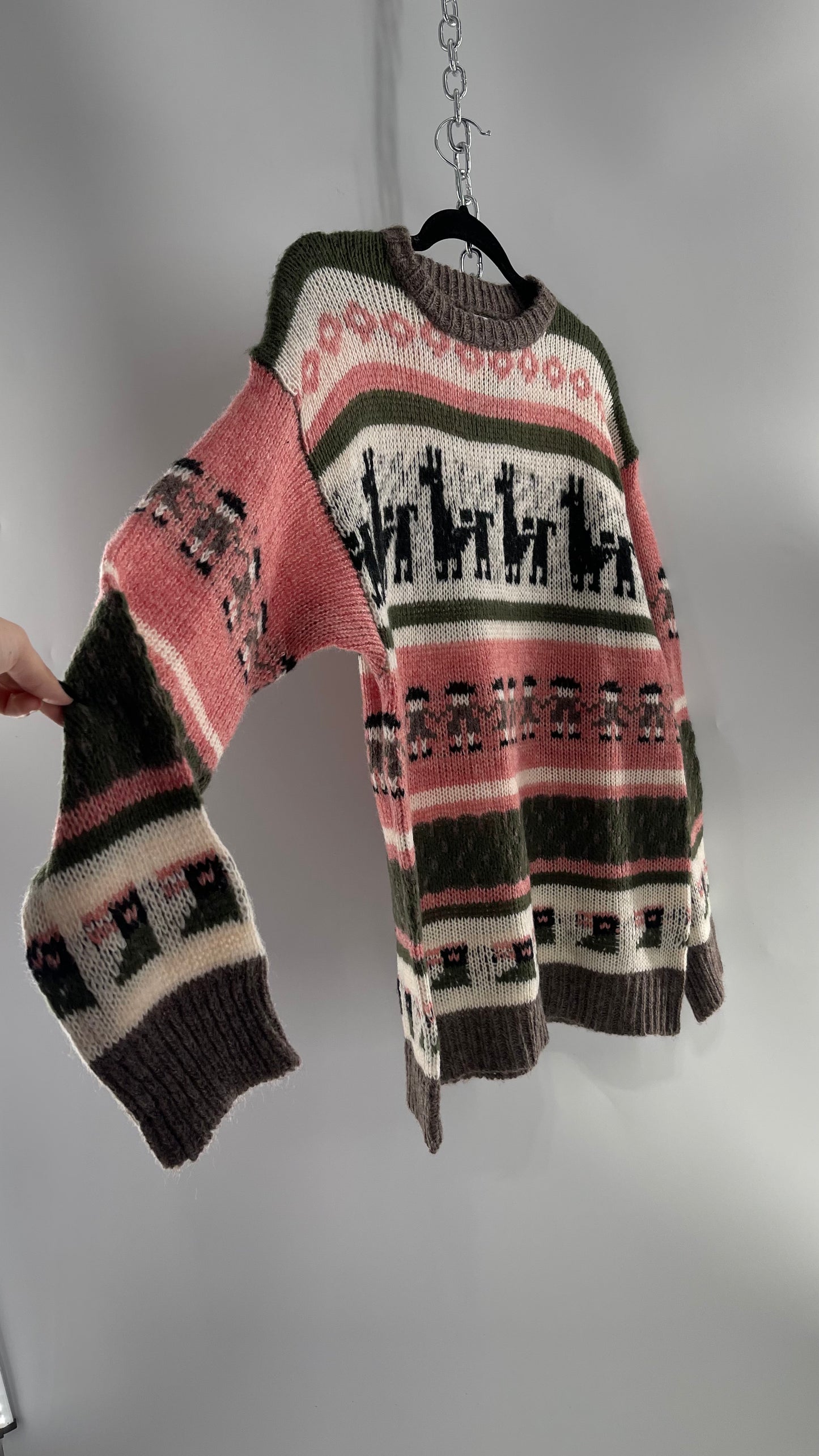 Cooke Collective Knit Llama/Alpaca Graphic Sweater with Army Green, Pink and White Colorway (Medium)