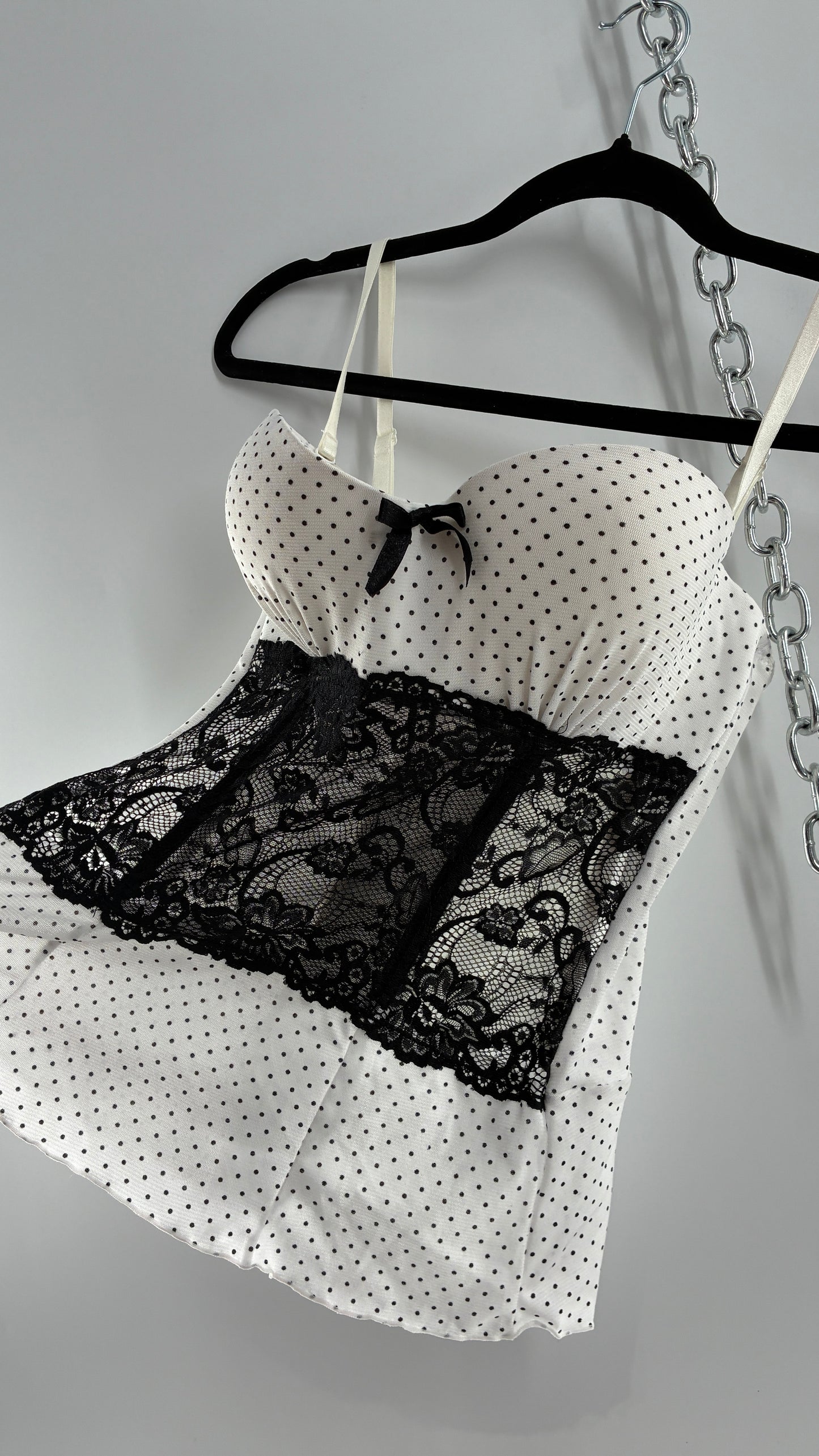 Vintage Black and White Polka Dotted Bustier Babydoll with Lace Bodice Detailing (Medium)