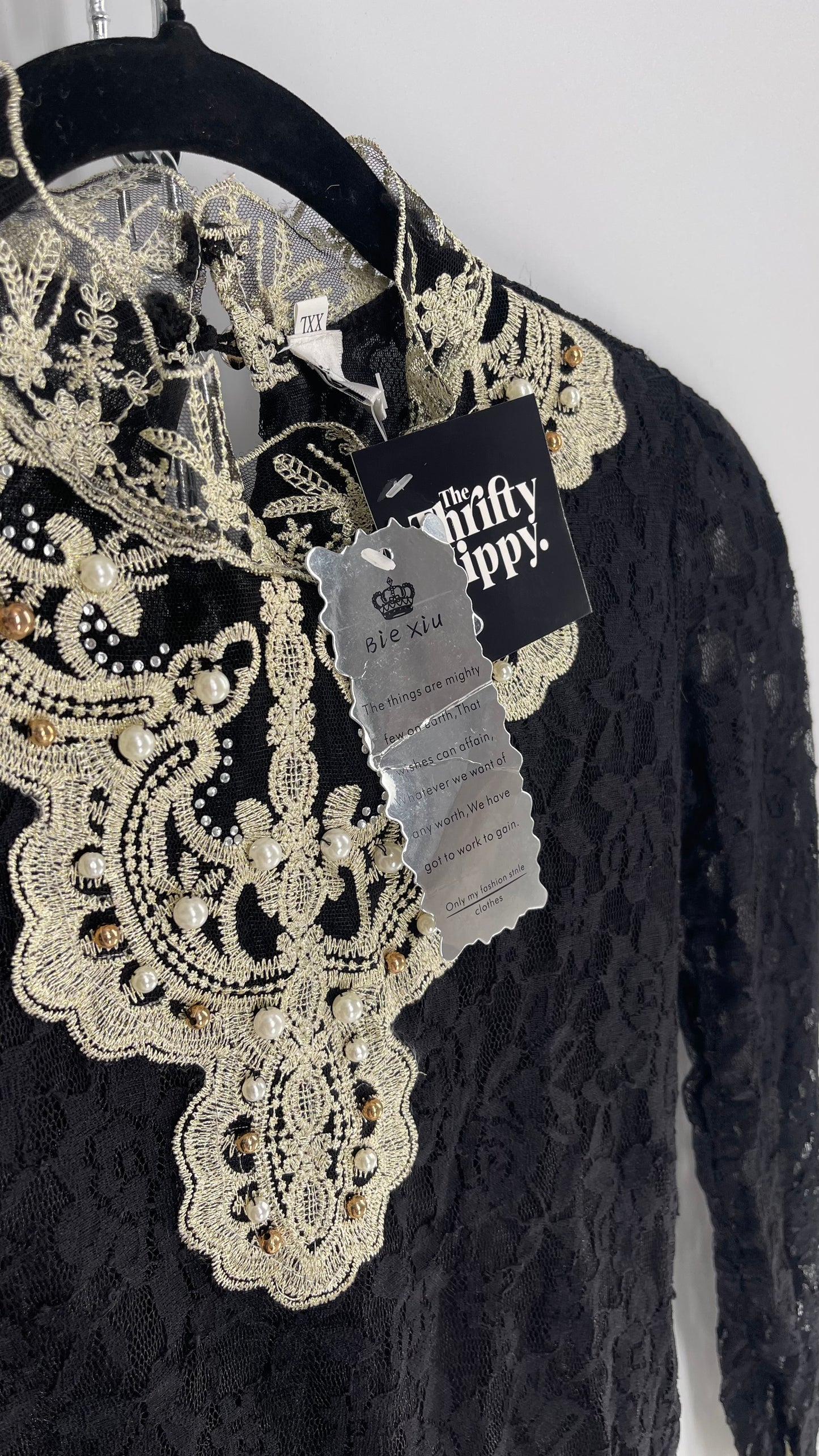 Biexiu Vintage Black Lace Semi Sheer Blouse with Ivory Gold Beaded Embroidered Neckline (Small)