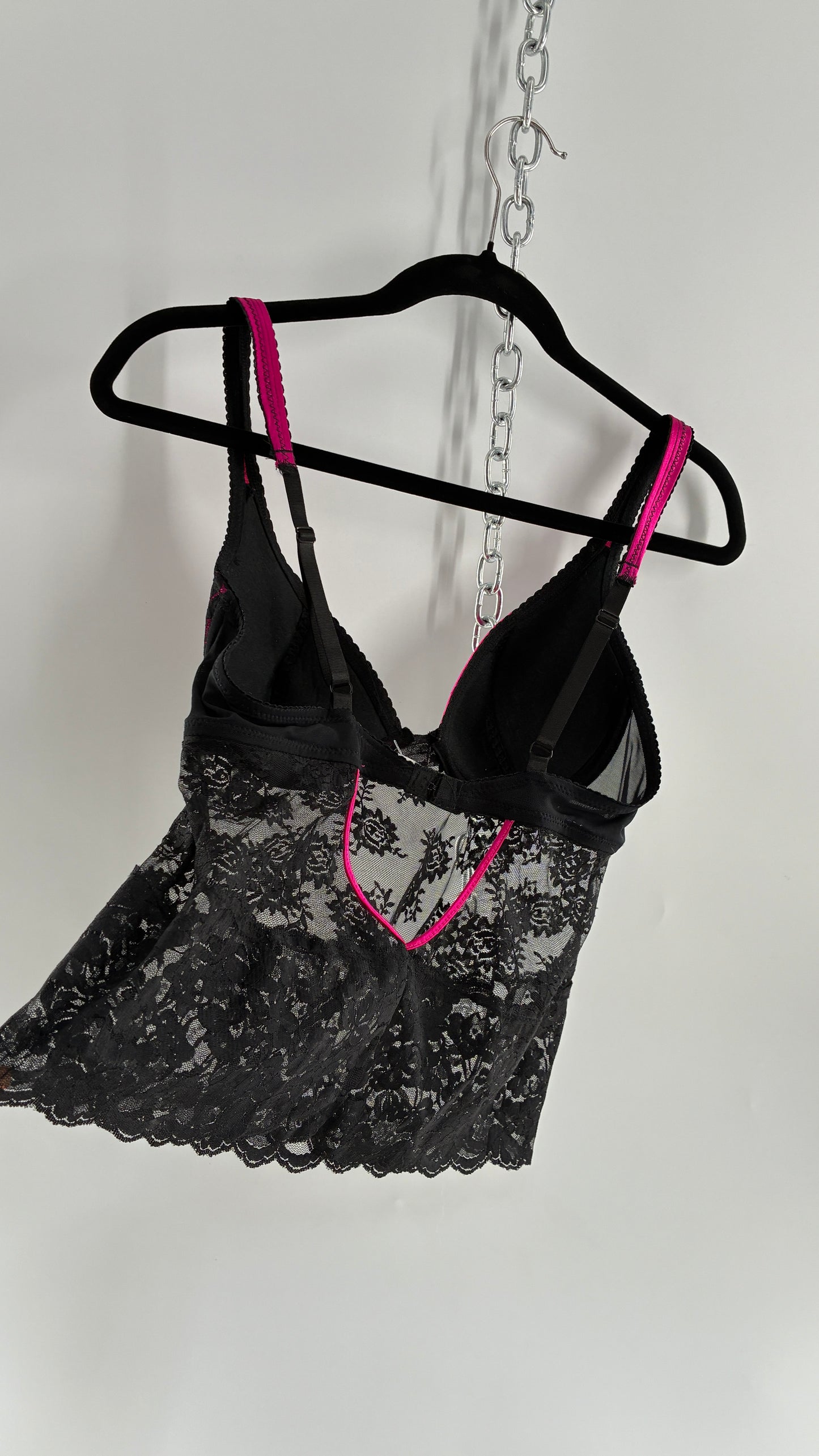 Vintage DONNA LOREN Black Lace Bustier with Satin Pink Cups (34C)