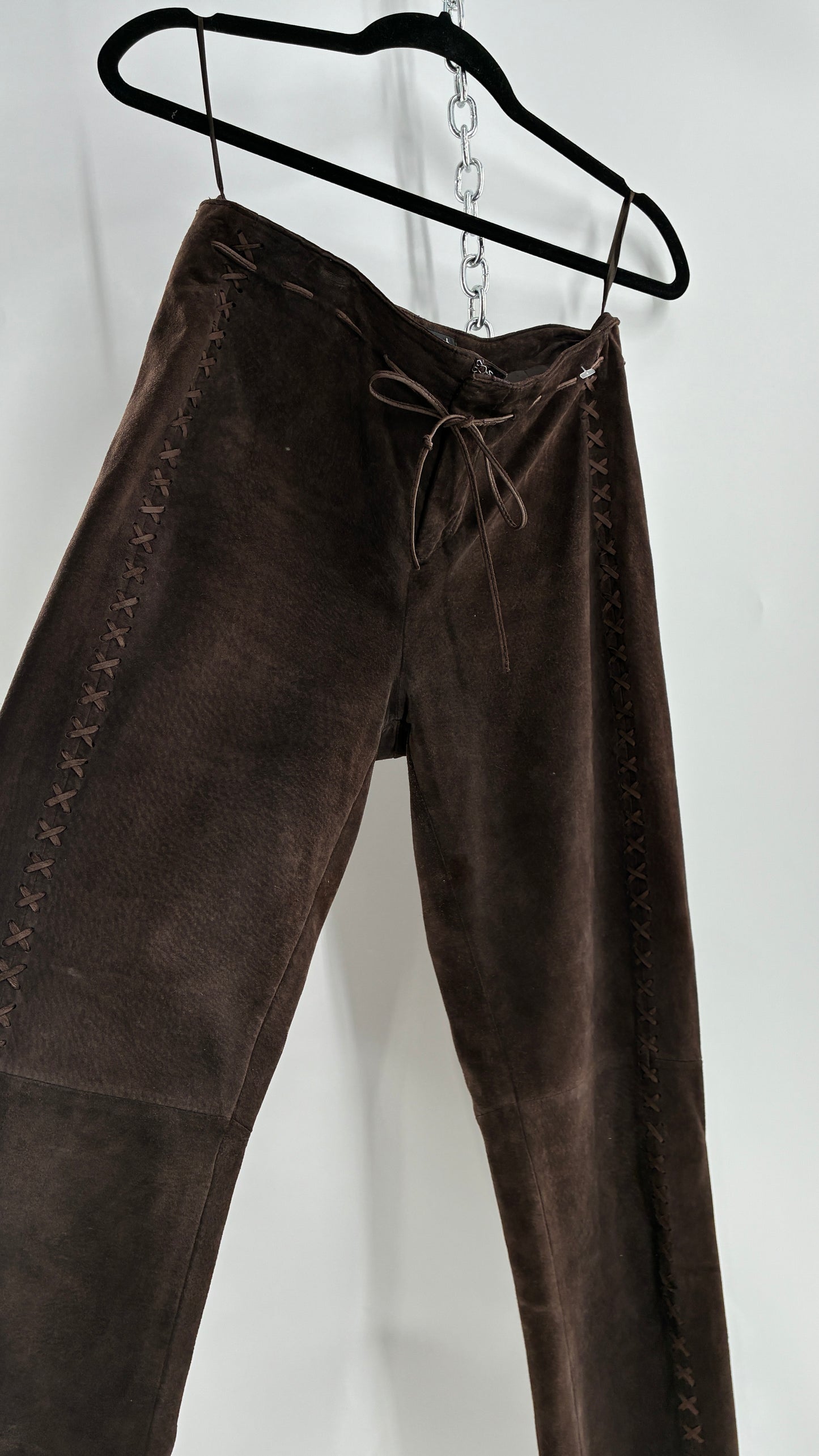 Vintage FOR JOSEPH Low Rise, Chocolate Brown Suede Pants with Leather Stitch Sides and Bow Closure (28)