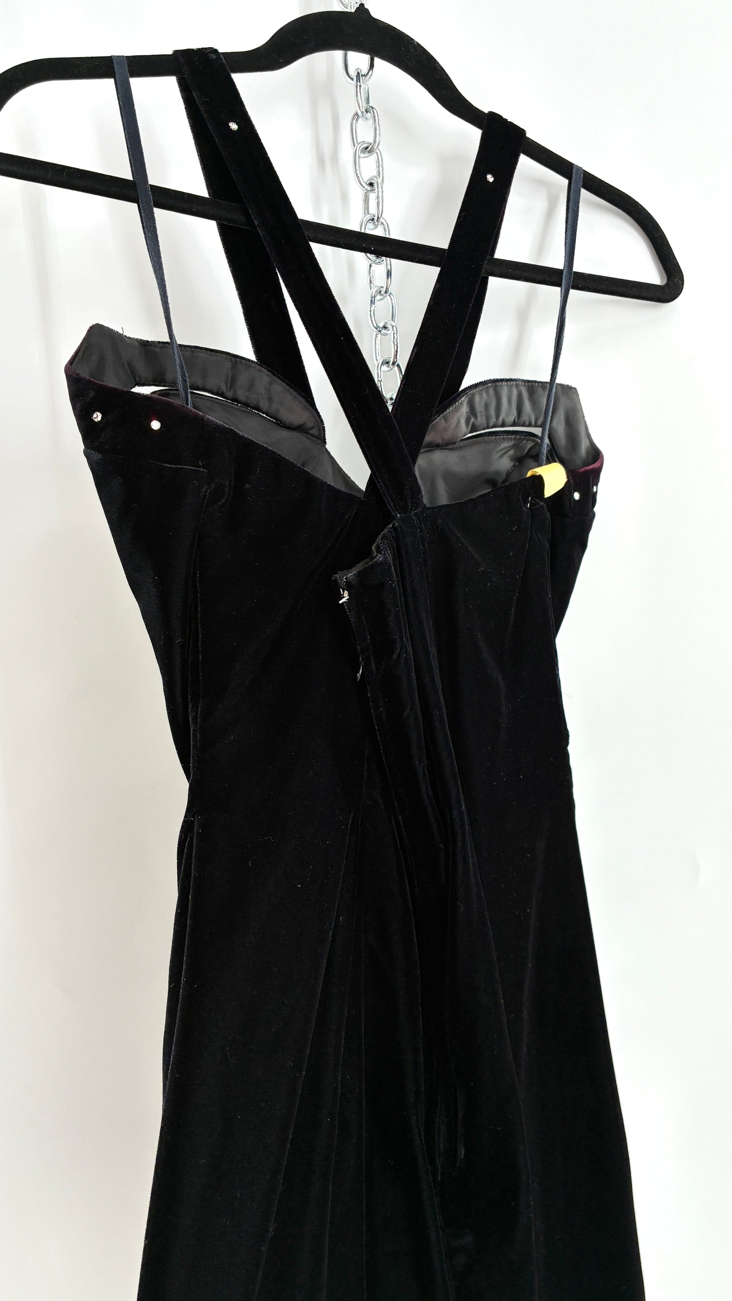 Vintage Handmade Velvet Gown with Pointed Bust Lined in Rhinestones and Dramatic Side Slit (S/M)