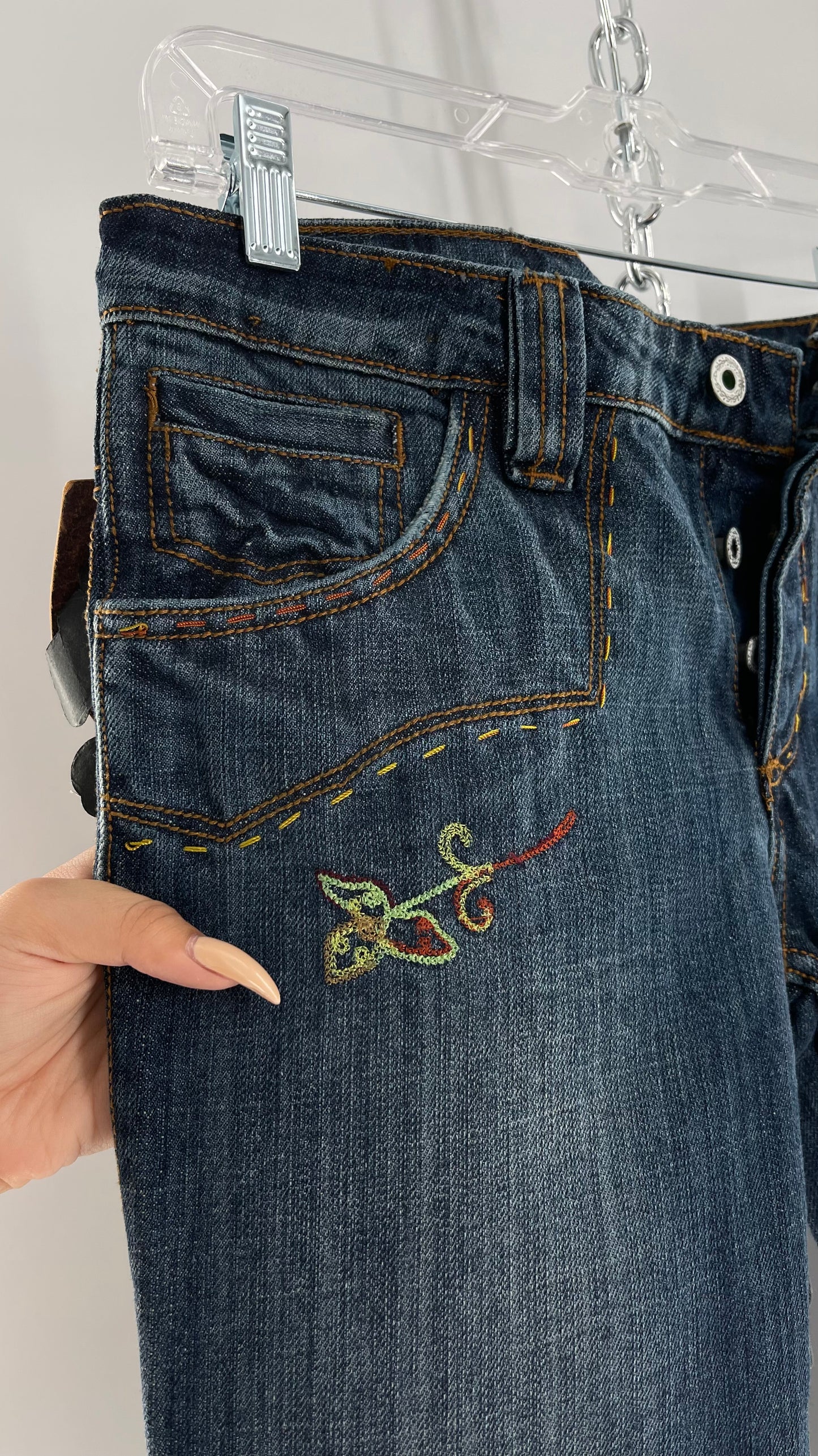 Vintage RARE Antik Denim Kick Flares with Embroidered Flower Design and Contrast Stitching (28)