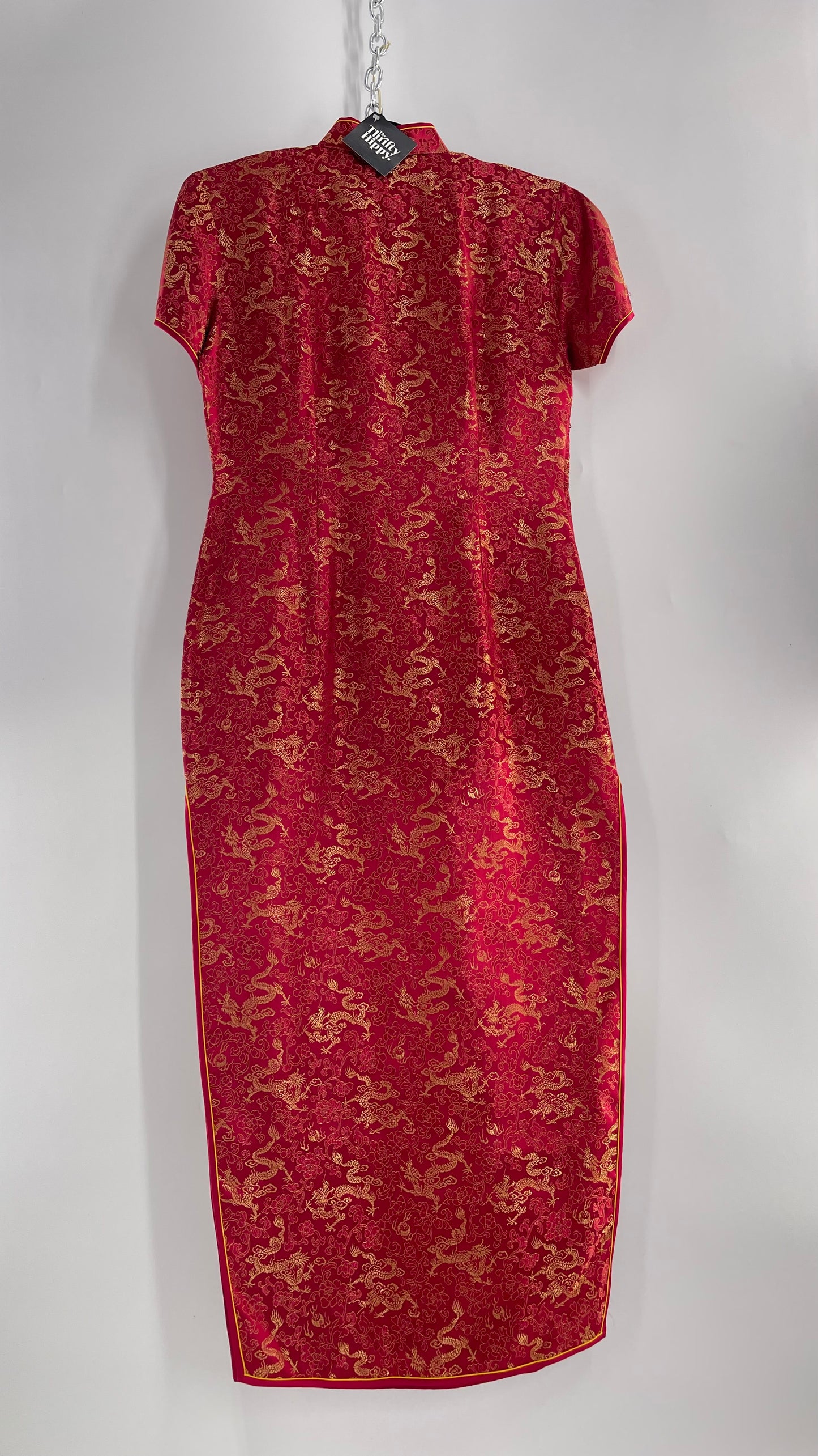 Vintage 1980s Chinese Red Silk Dragon Motif Printed/Embroidered Qipao (XL)