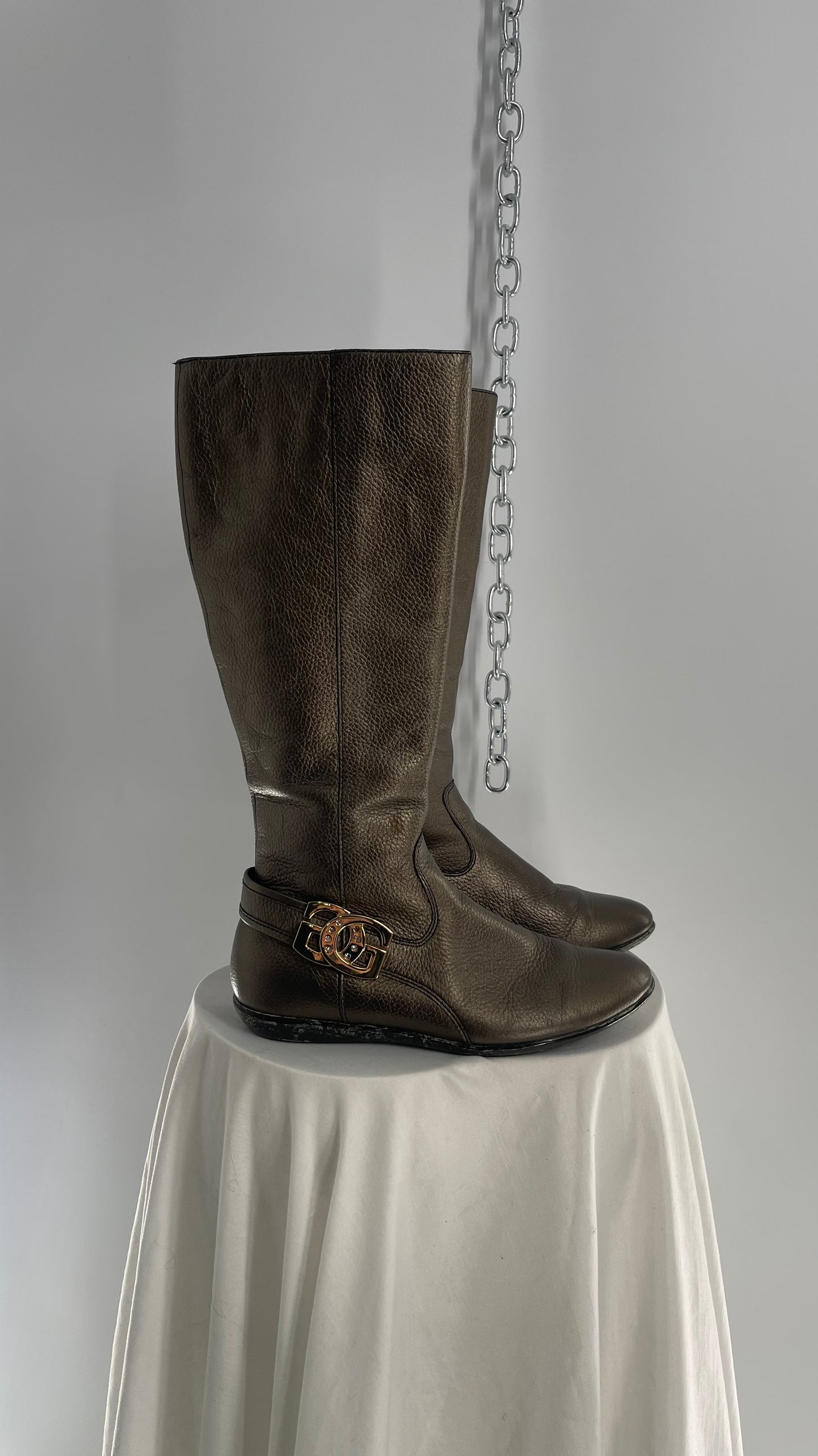 Vintage GUESS Metallic Bronze/Pewter Silver Leather Boots with Logo Buckle (36)