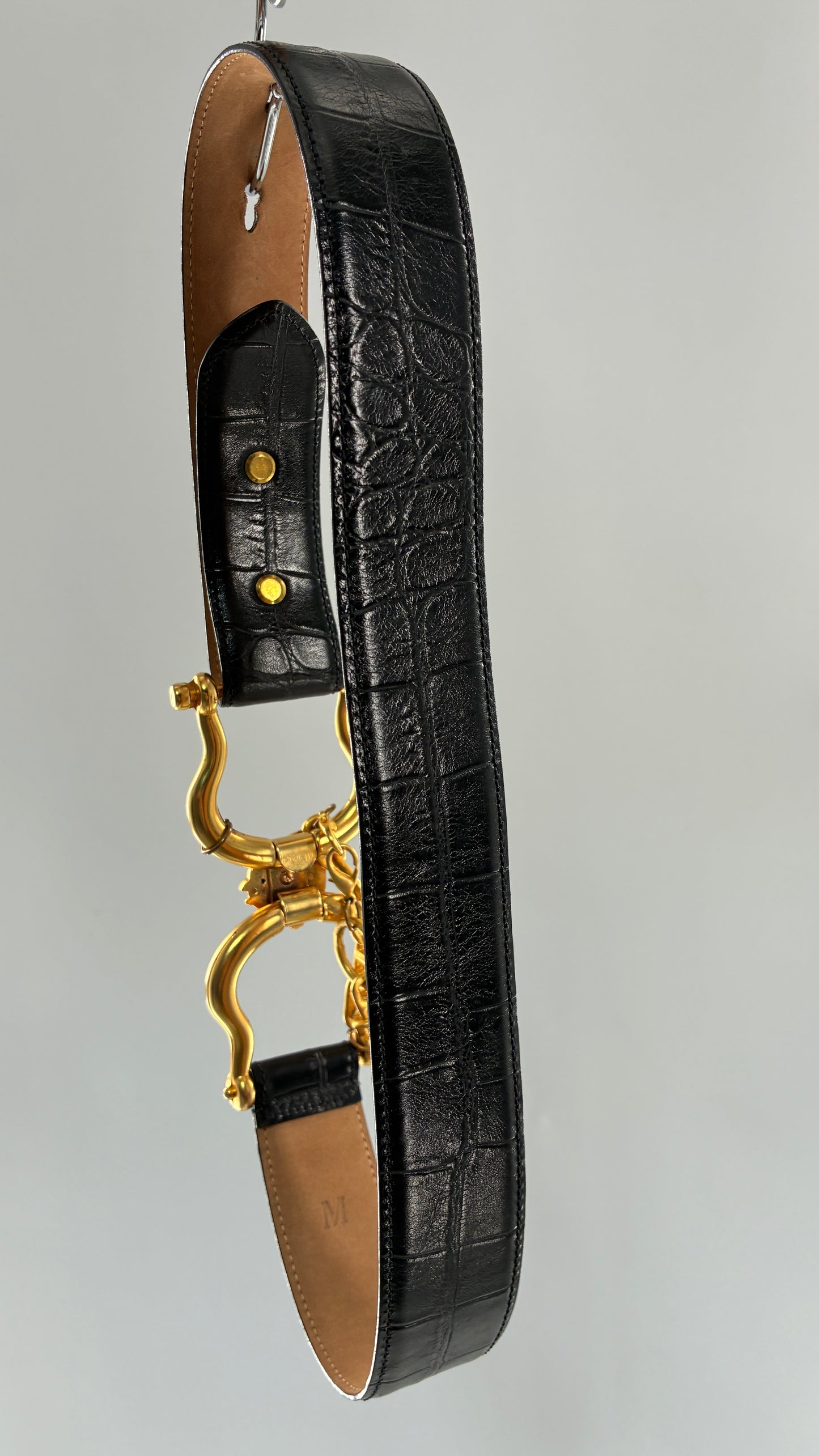 Vintage WCM New York Genuine Calfskin Belt with Golden Sculptural Horse Head Door-Knocker Buckle and Chain Detail  (Medium)