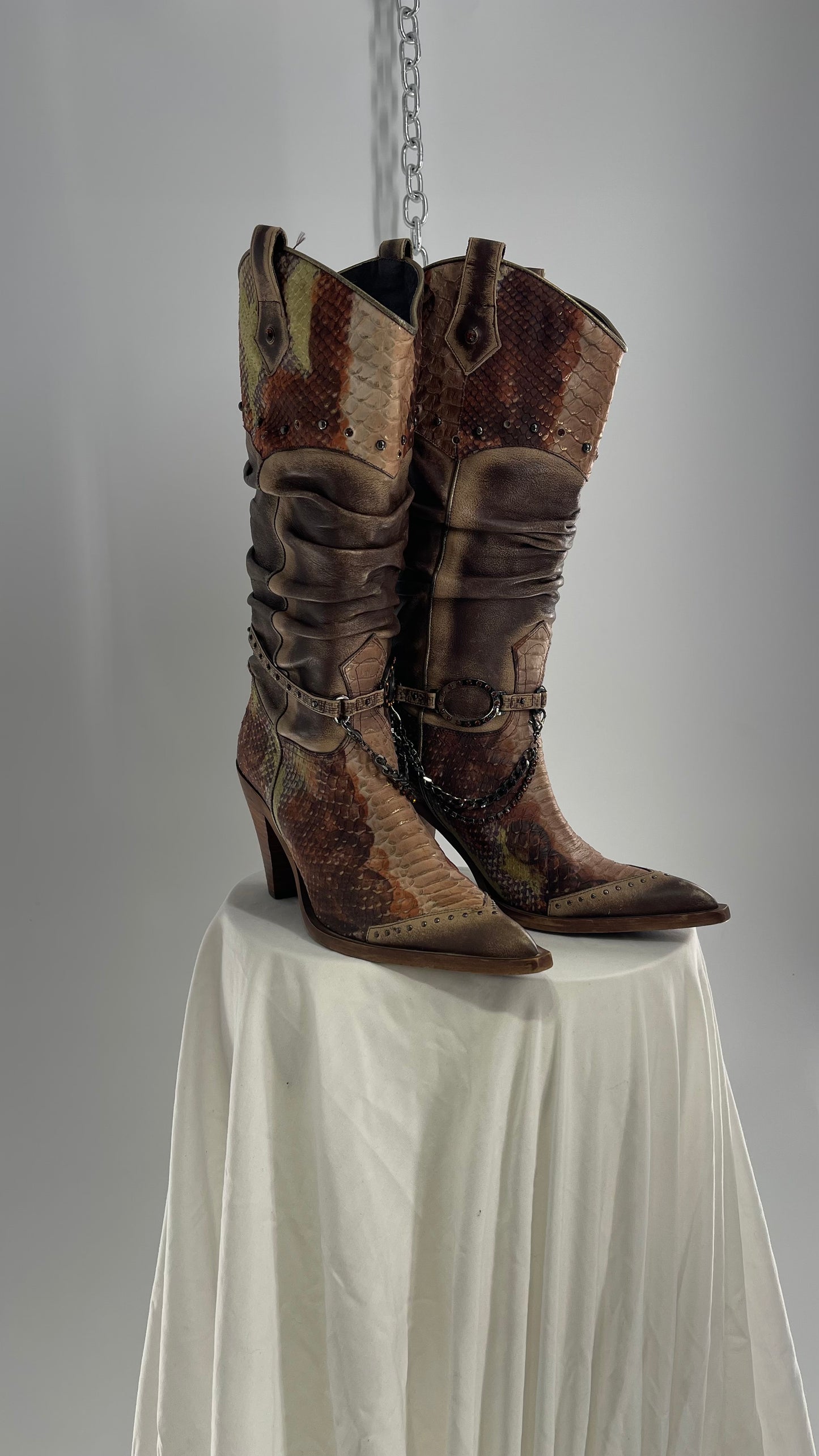 Vintage Steve Madden Stacked/Ruched Pointed Toe Cowboys with Snake Texture, Brown/Green/Orange with Chains and Studs (8)