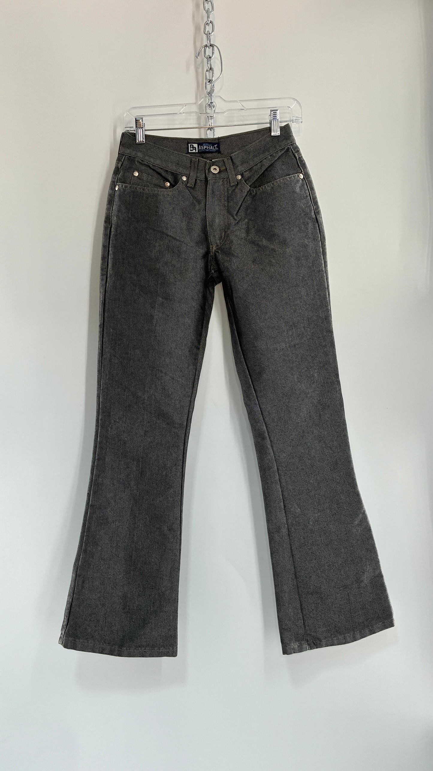 Vintage BLUE ASPHALT Metallic Silver Grey Denim Low Rise Kick Flares (5)