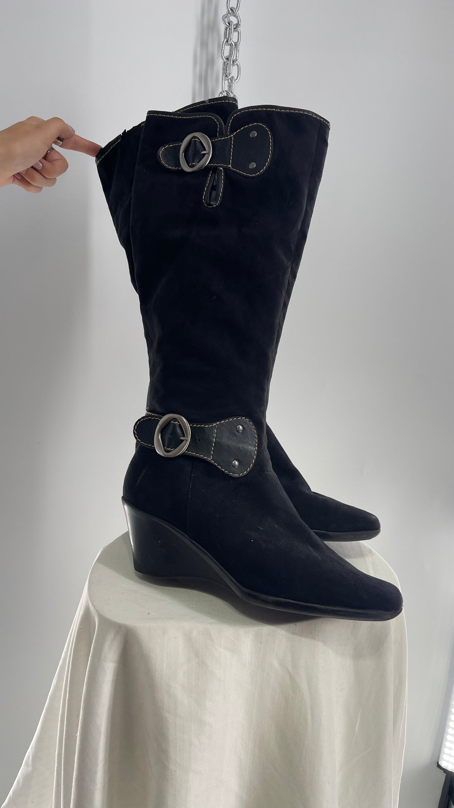 Vintage BASS Black Suede Wedge Heel Knee High Boot with Buckle Details (10)