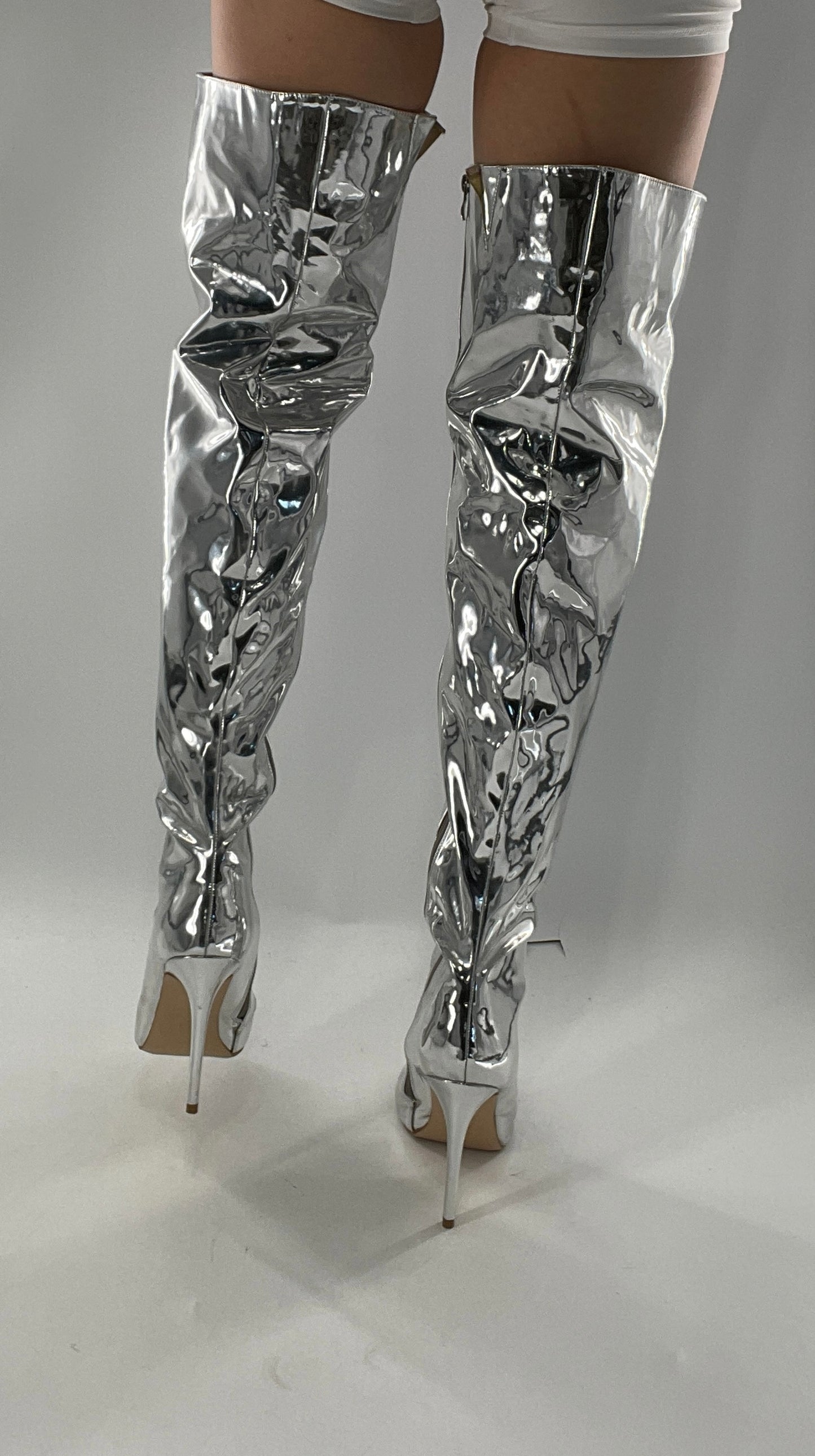 Vintage Chrome Platinum Mirrored Thigh High Molten Metal Sky High Boots Space Cadet/Concert (7)